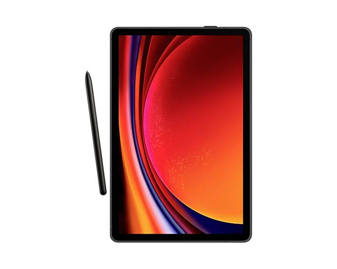 Ein Tablet mit leuchtendem, abstraktem Hintergrund und einem Stift an der Seite, passend für kreative digitale Arbeiten.