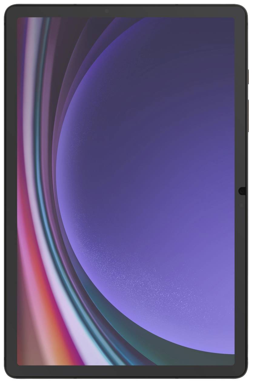 Schwarz umrandetes Tablet mit einem bunten, abstrakten Hintergrundbild, das lila und rote Farbtöne zeigt.