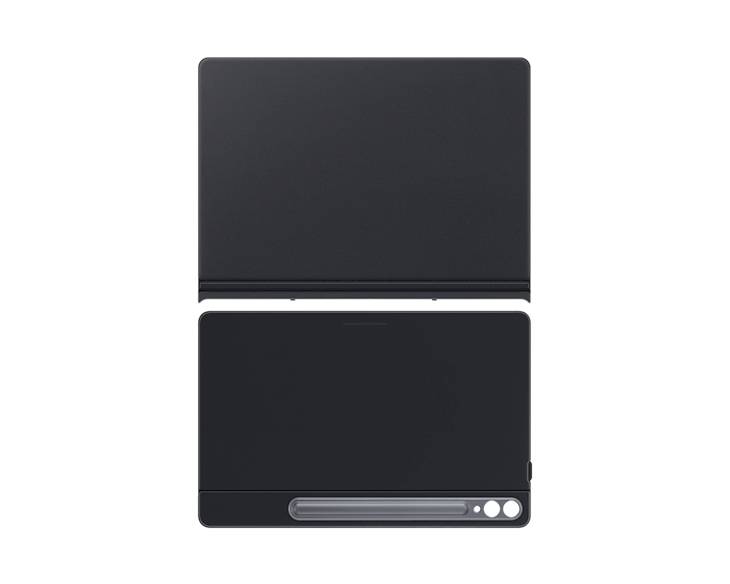 Schwarzes Tablet in Hülle, Ansicht von hinten und von oben mit Stifthalterung und Kameraaussparung sichtbar.