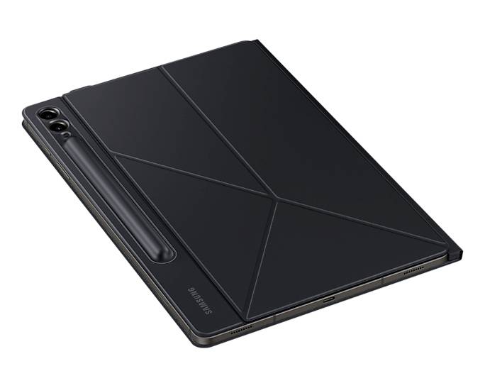 Ein schwarzes Tablet mit abgewinkelter Schutzhülle liegt flach auf einer Oberfläche. Die Kamera und der Stift sind sichtbar.