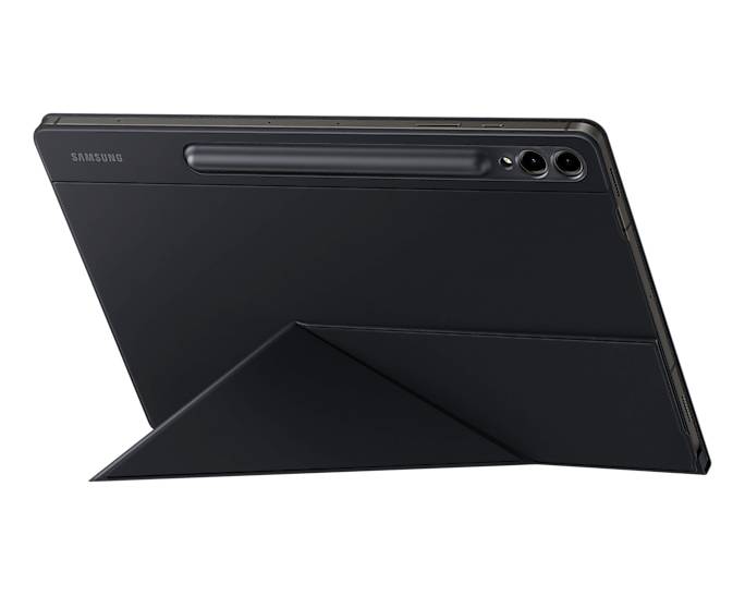 Tablet in schwarzer Hülle, schräg von hinten gezeigt. Sichtbarer Stifthalter und zwei Kameralinsen oben rechts.