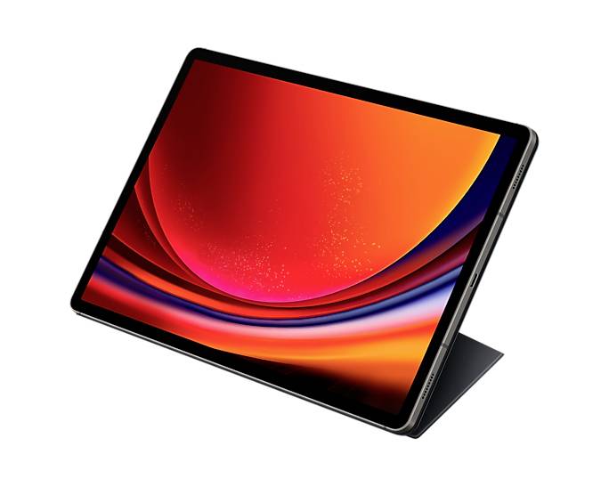 Ein Tablet mit einem leuchtenden, rot-orangefarbenen Bildschirm, das auf einem Ständer steht.