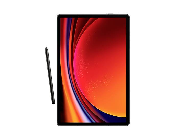 Ein Tablet mit schwarzem Rand und einem leuchtend orange-rotem Bildschirm. Daneben liegt ein schwarzer Stift.