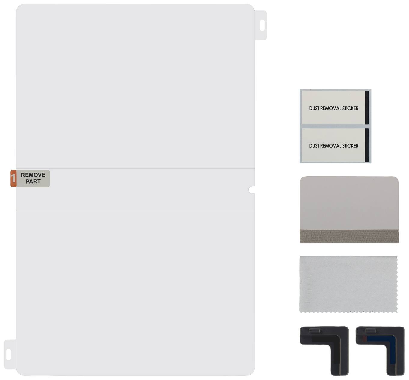 Bild zeigt eine Displayschutzfolie mit Staubentfernungsaufklebern, einem Reinigungstuch und zwei Plastikwerkzeugen zum Aufbringen.