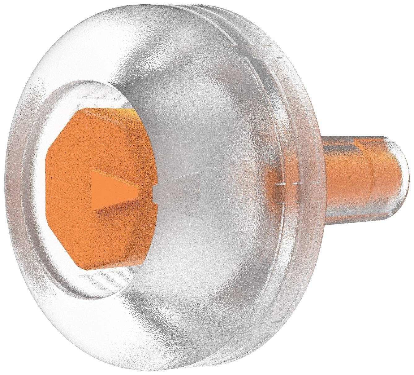 Durchsichtiger Kunststoff-Stopfen mit orangefarbenem Sechskant-Element in der Mitte; medizinisches Gerät zur Infusionstechnik.