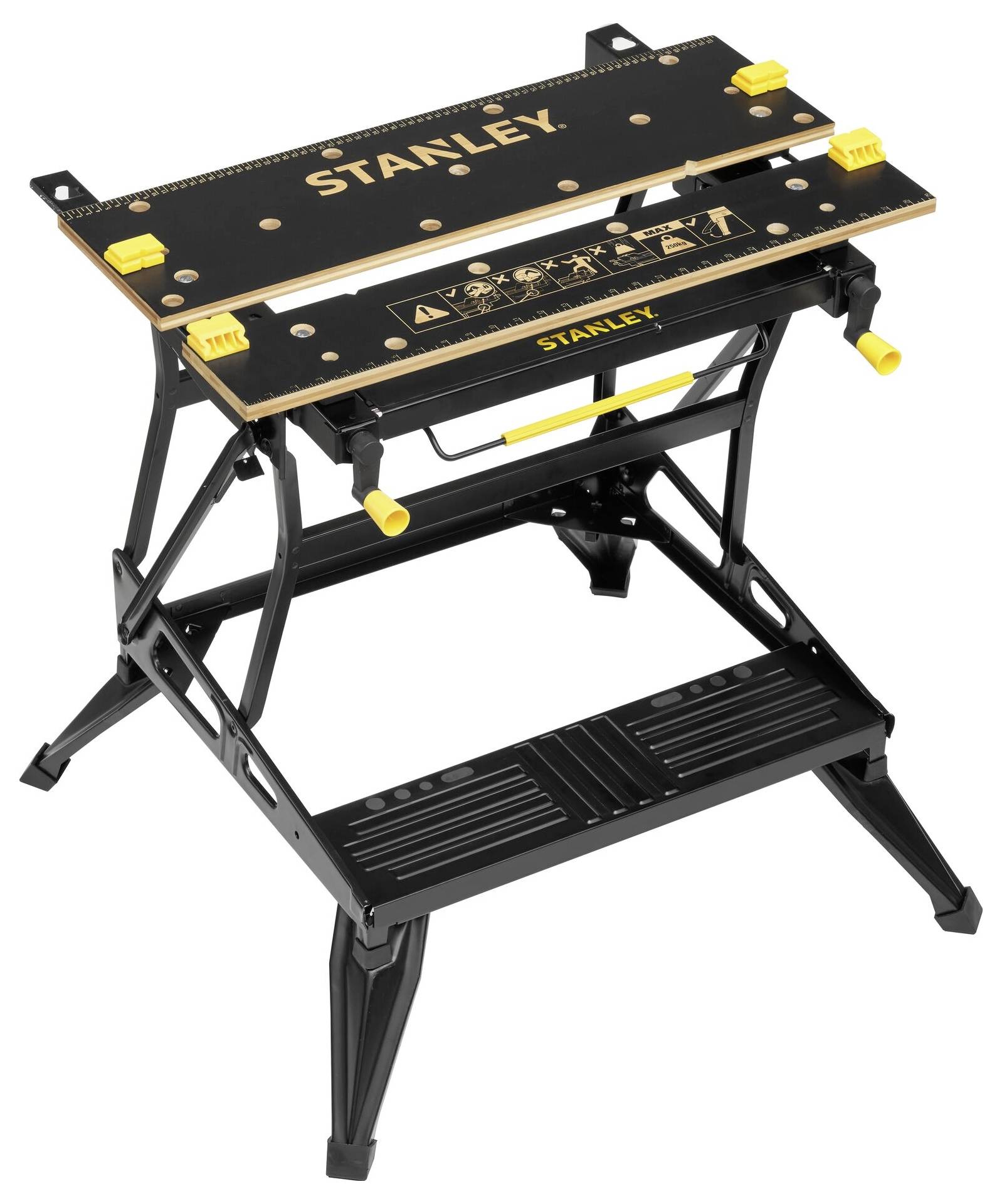 Ein schwarzer Stanley-Werkbank aus Metall und Holz mit gelben Komponenten, stabiler Stand. Ideal für Heimwerkerprojekte.