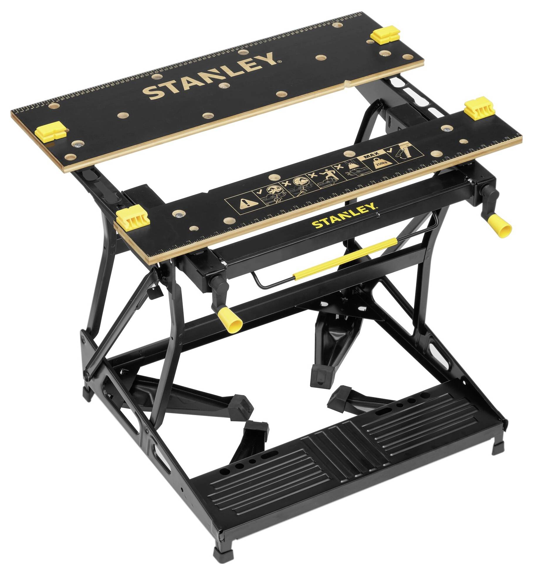 Klappbare Werkbank von Stanley mit schwarzer Arbeitsfläche und gelbem Logo. Geeignet für verschiedene Holz- und Bauarbeiten.
