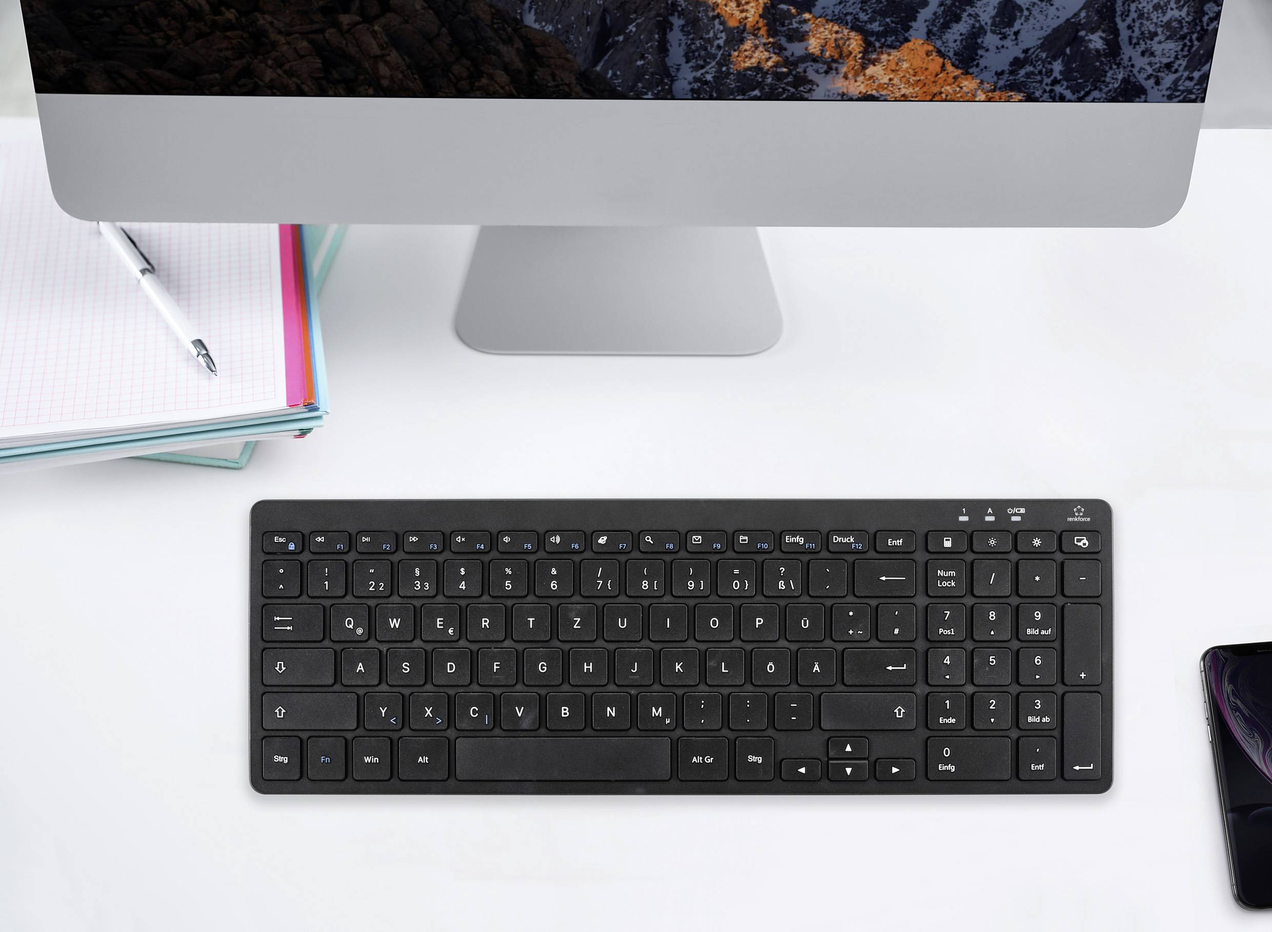 Renkforce RF-5799536 Kabellos Tastatur Deutsch, QWERTZ Schwarz Geräuscharme Tasten, Multimediatasten