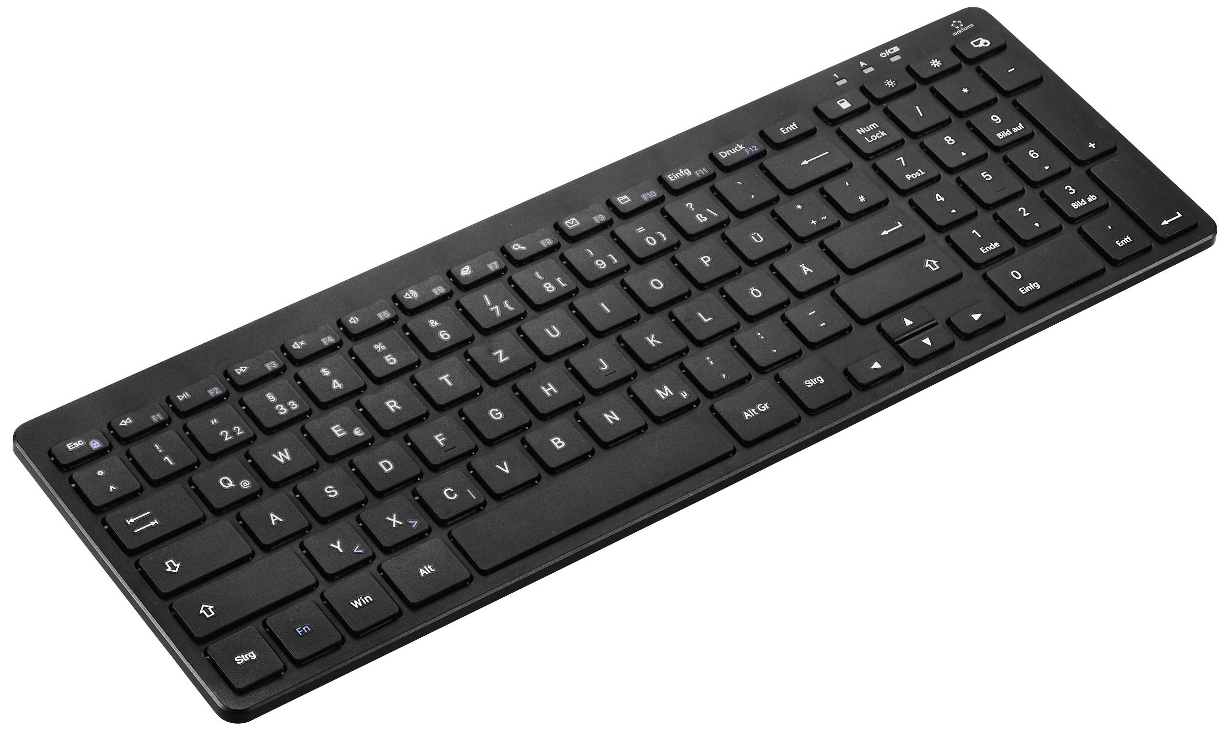Schwarze kabellose Tastatur mit QWERTZ-Layout, schlankes Design, flache Tasten.