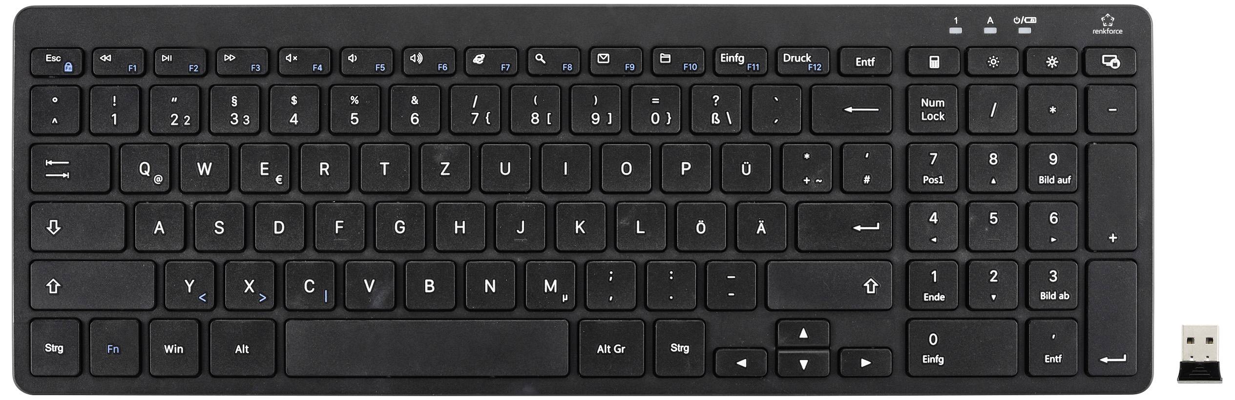 Renkforce RF-5799536 Kabellos Tastatur Deutsch, QWERTZ Schwarz Geräuscharme Tasten, Multimediatasten
