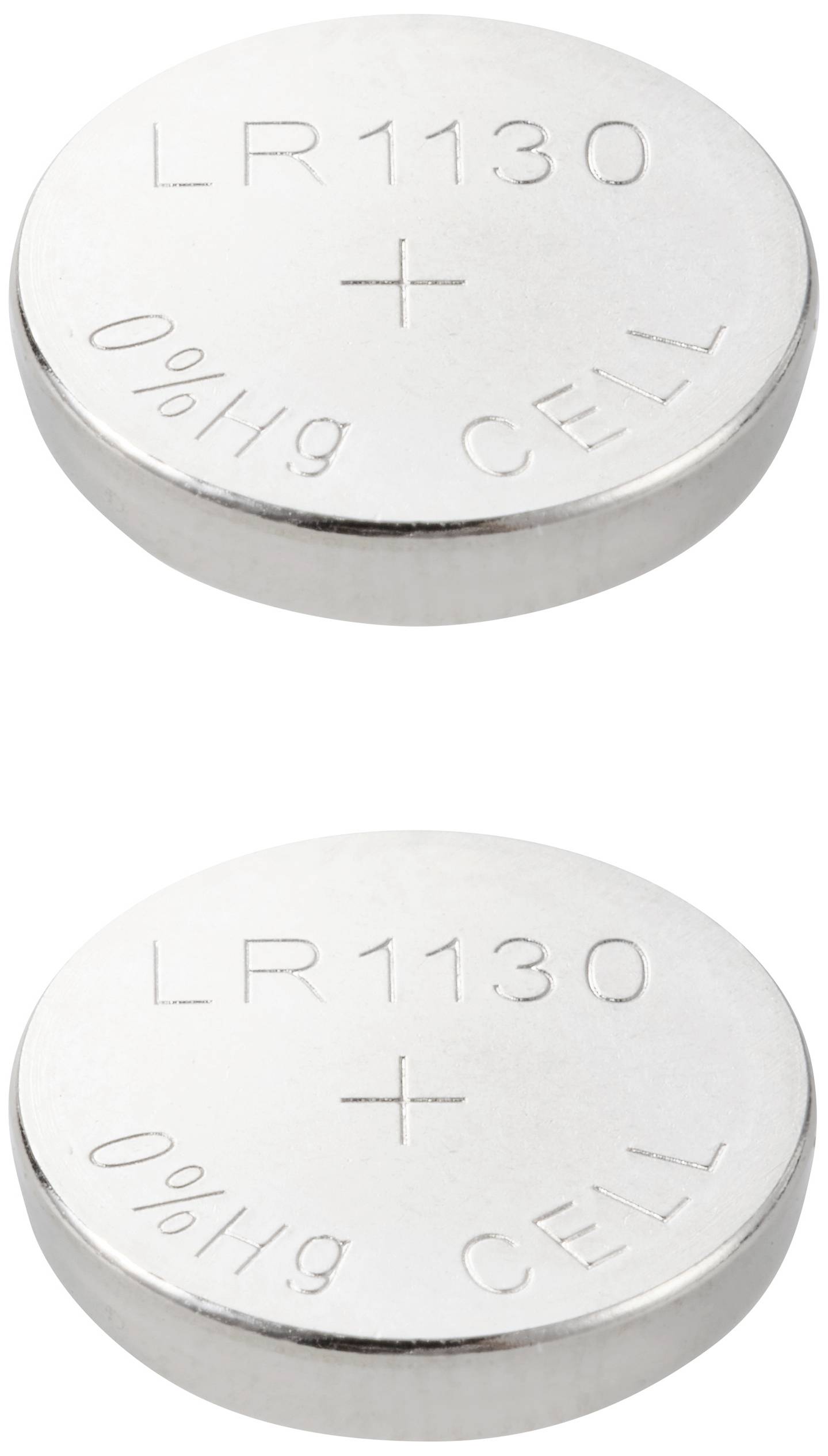 Zwei silberne Knopfzellenbatterien mit Aufschrift 'LR1130' und '0%Hg CELL', übereinander angeordnet.