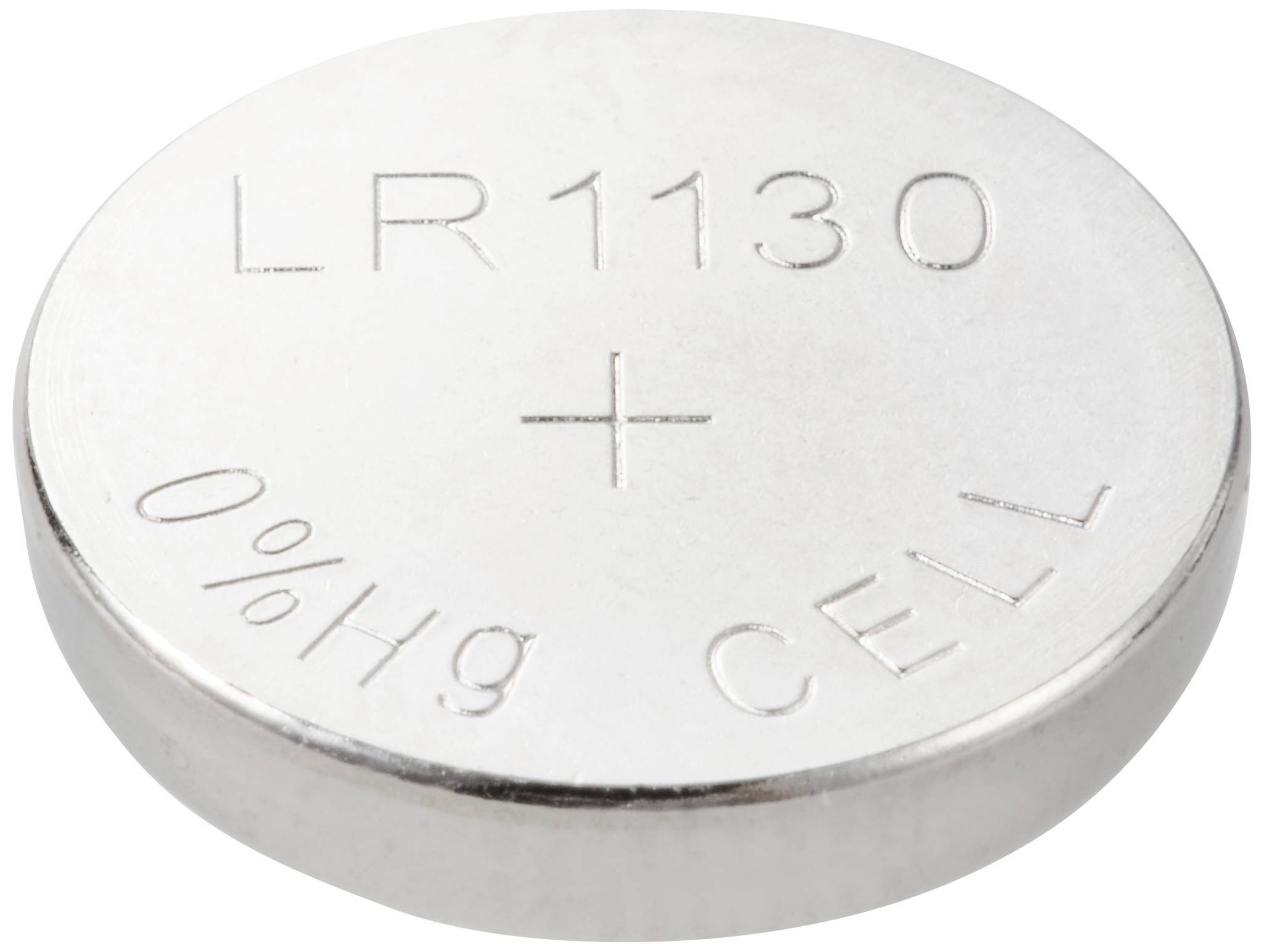 'LR1130 Knopfzelle' mit Aufschrift '0% Hg CELL', eine kleine, runde Silberbatterie.