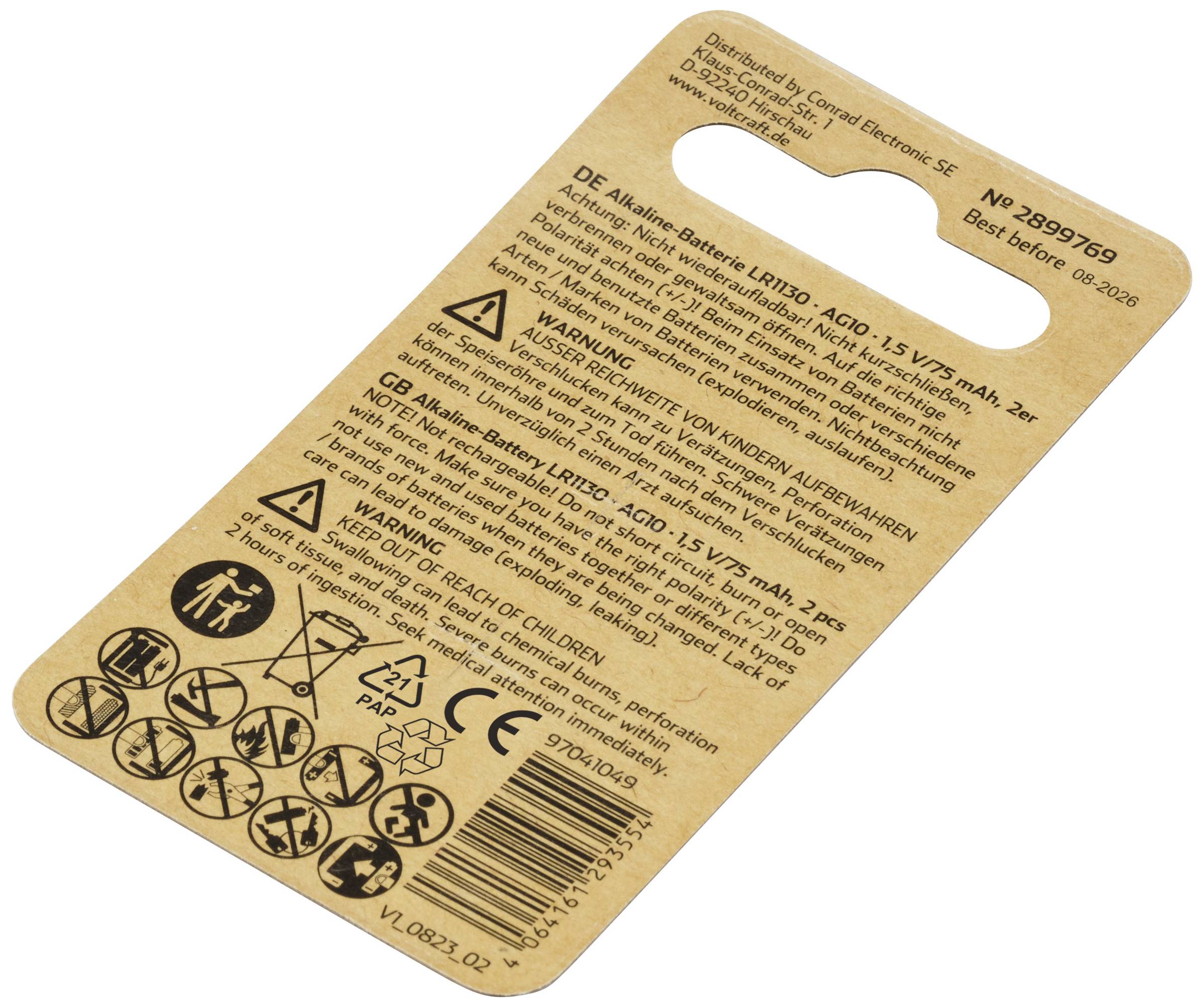 Verpackung einer Alkaline-Batterie mit Warnhinweisen und Symbolen für Sicherheitshinweise. Batterietyp: LR1/LR10 - 1,5V.