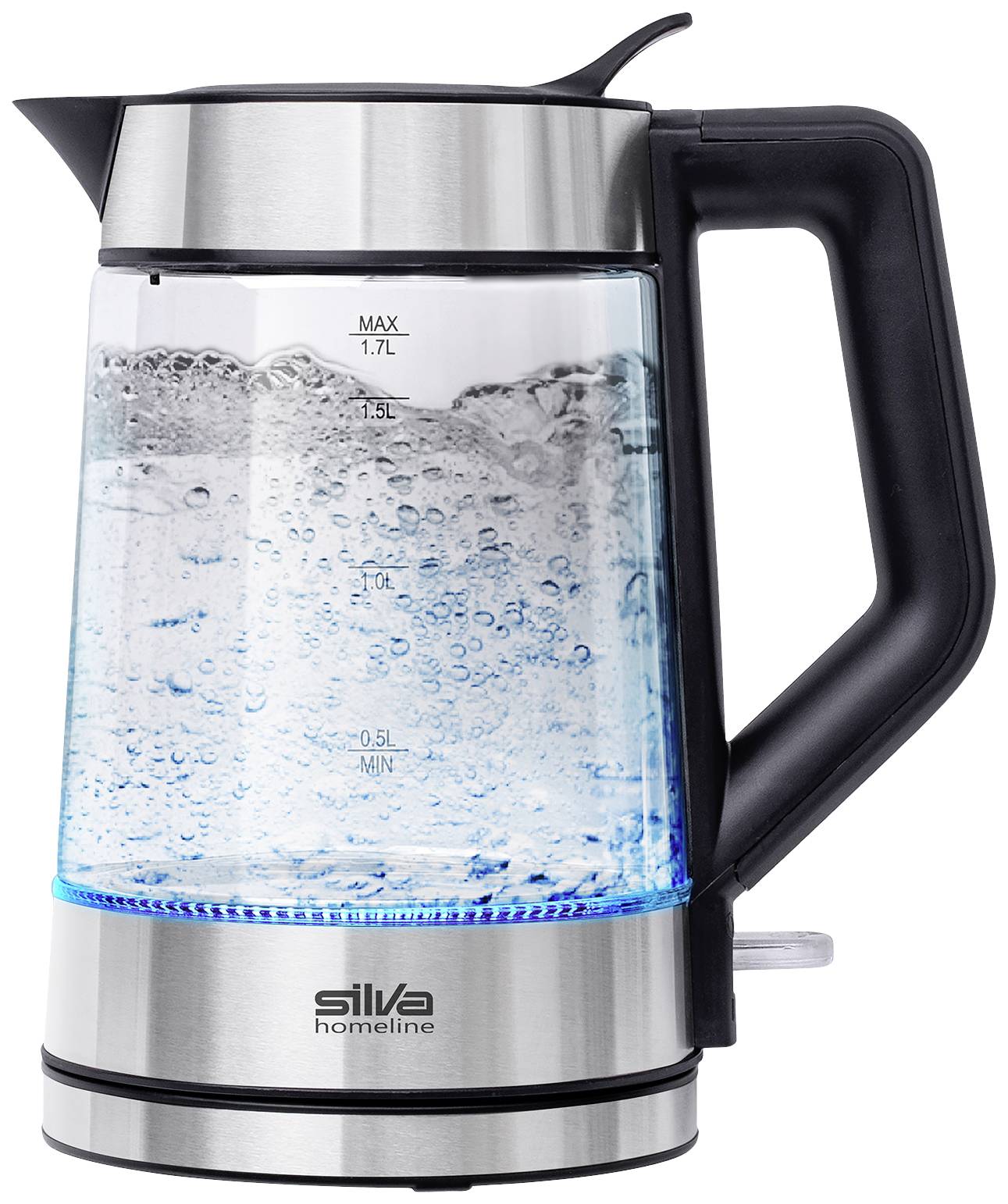 Wasserkocher mit transparentem Glas, LED-Beleuchtung und 1,7 Liter Fassungsvermögen. Wasser kocht, da Blasen sichtbar sind.