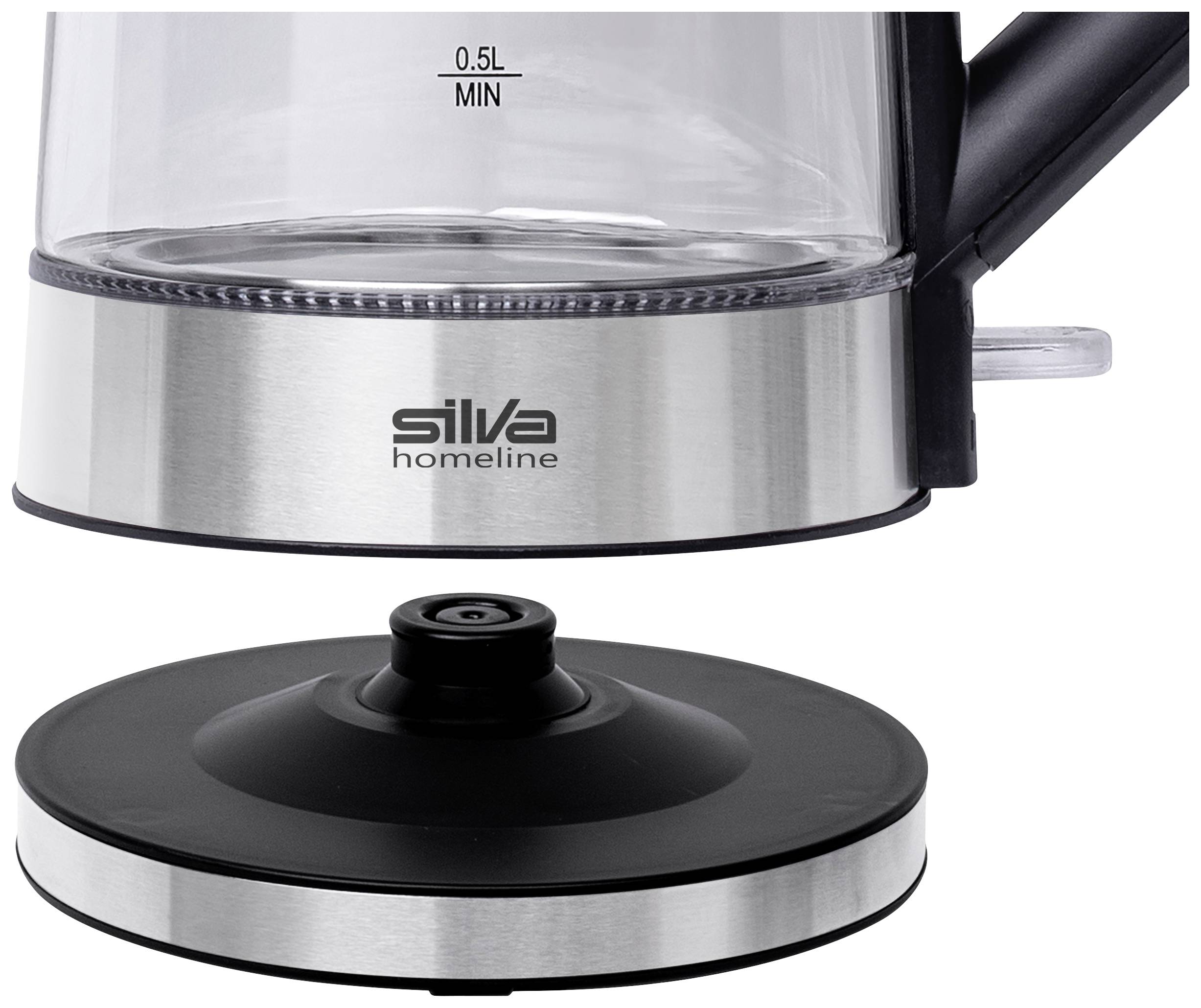 Wasserkocher mit abnehmbarem Sockel, Silber mit schwarzem Griff. 0,5 Liter Mindestfüllstand markiert.