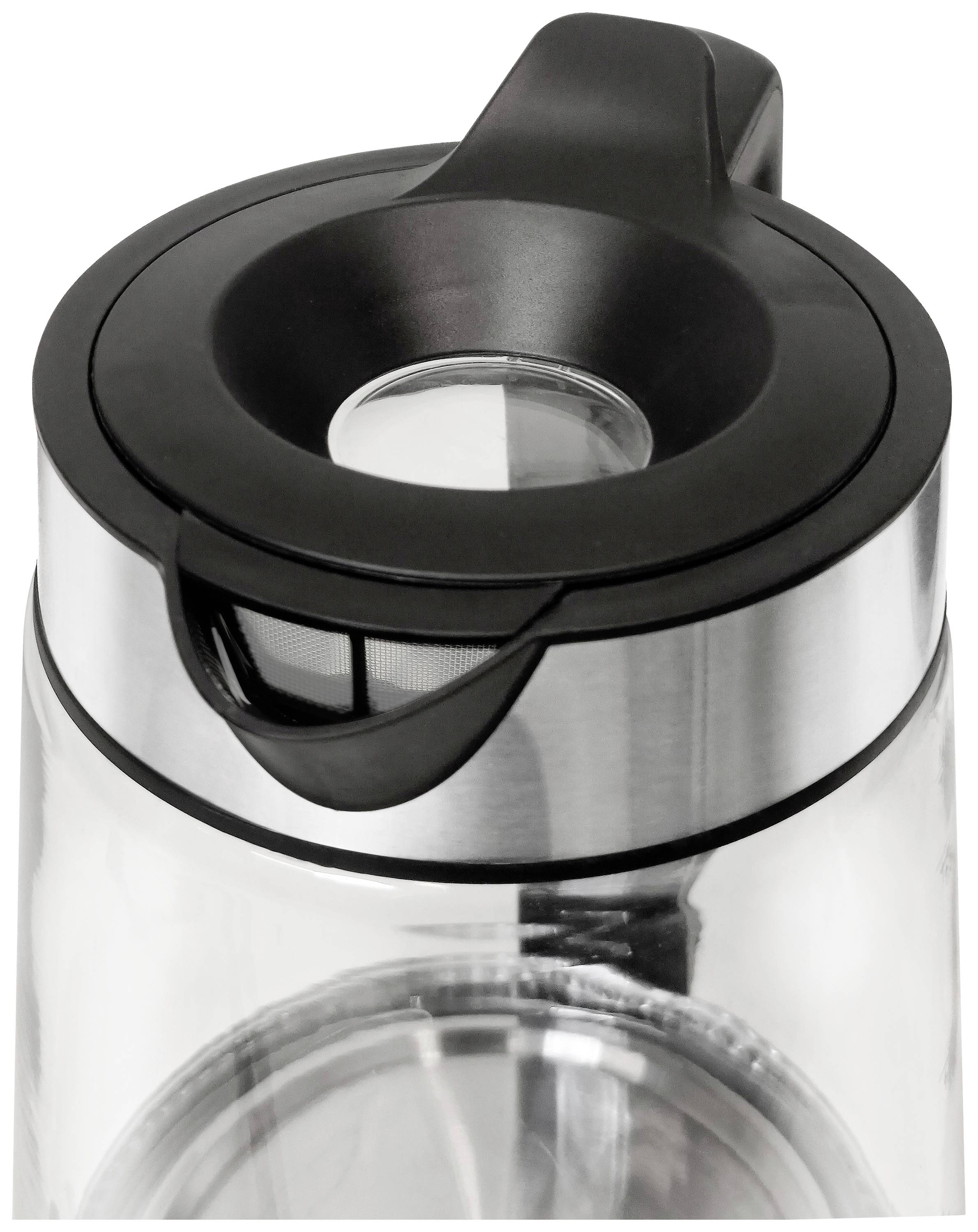 Glas-Teekanne mit Edelstahl-Deckel und integriertem Sieb.