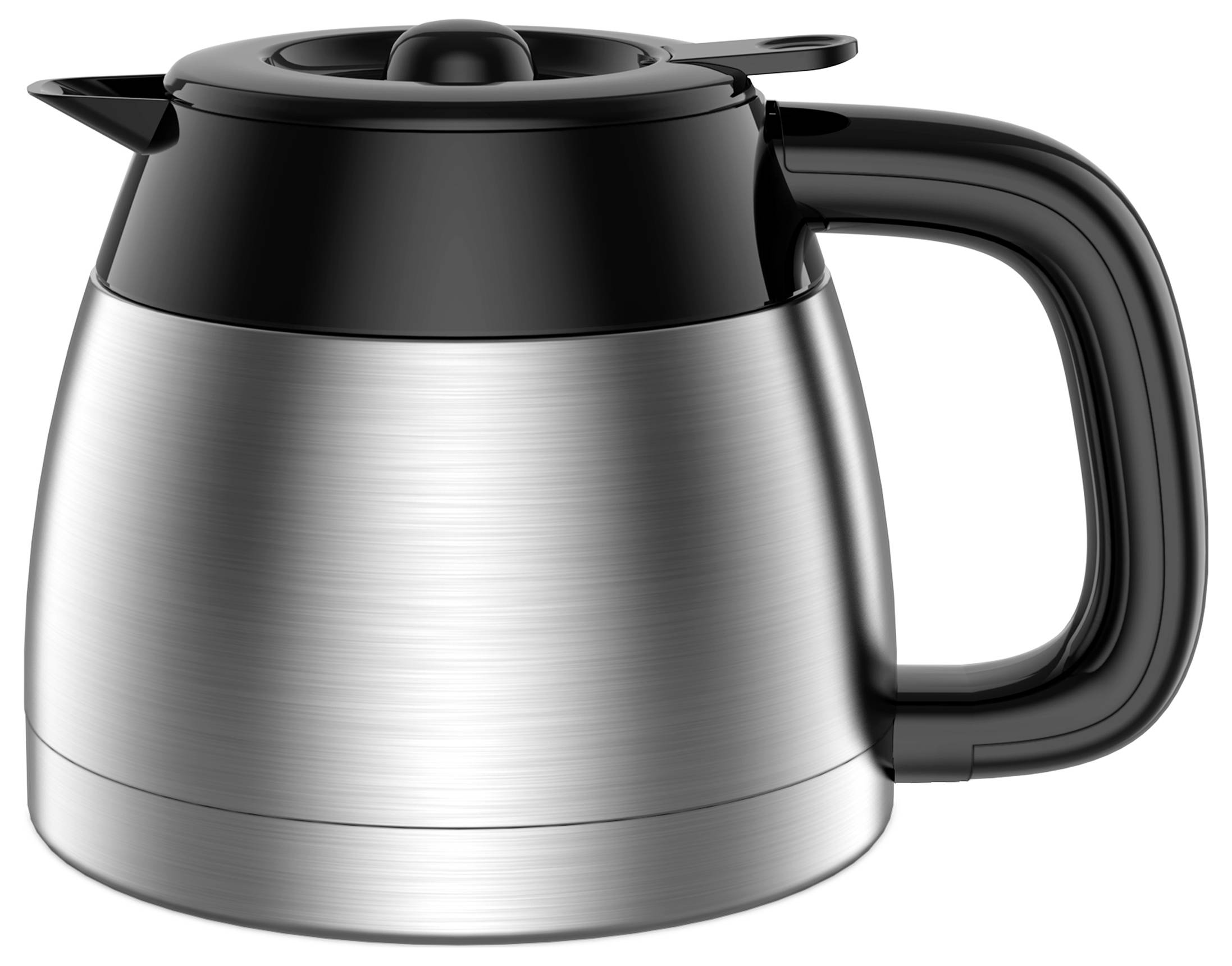 Thermoskanne aus Edelstahl mit schwarzem Deckel und Griff, konzipiert für Wärmeisolation.