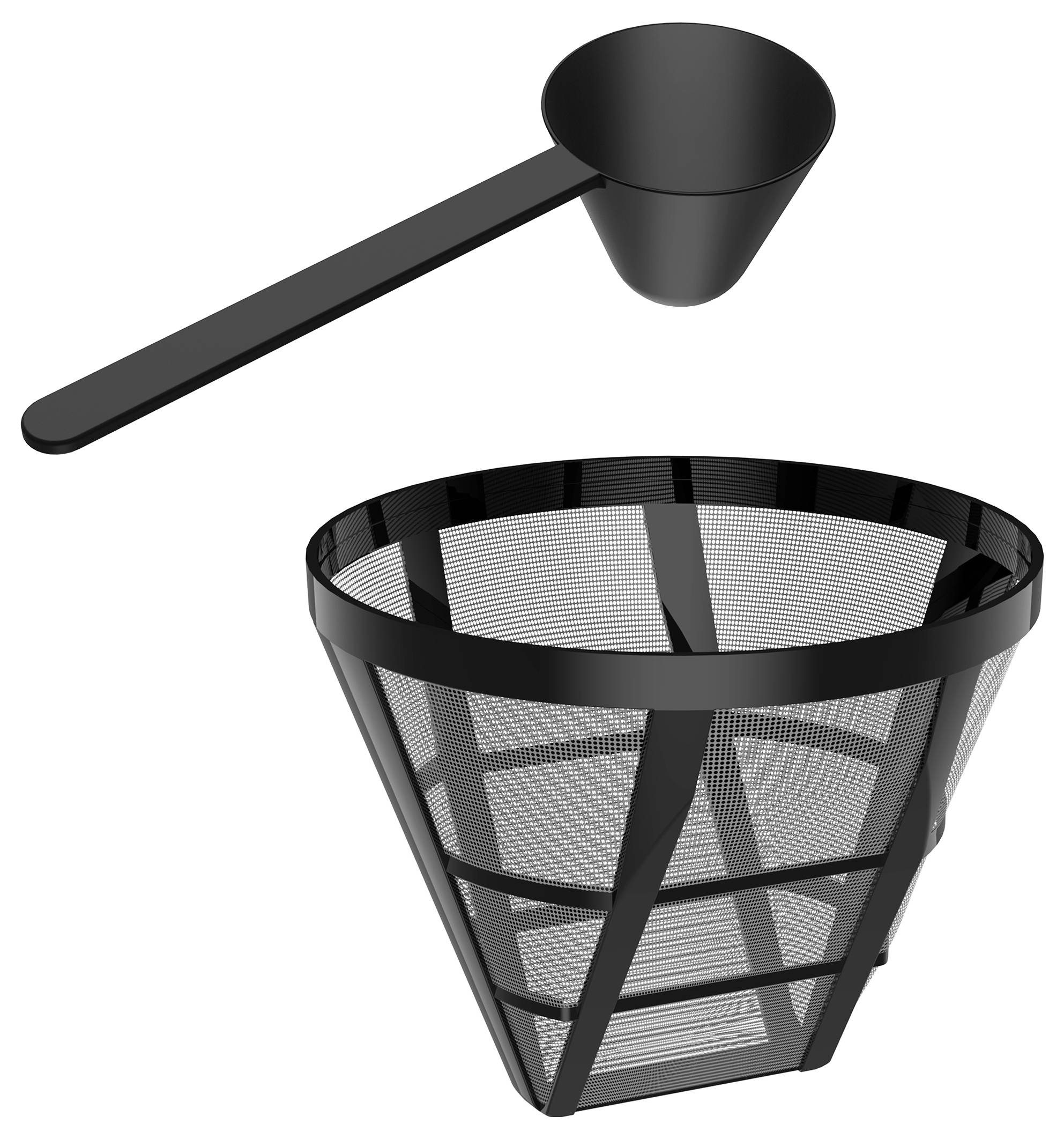 Ein schwarzer Kaffeelöffel und ein Mesh-Kaffeefilter, verwendet zum Brühen von Kaffee. Der Löffel befindet sich oben und der kegelförmige Filter darunter.