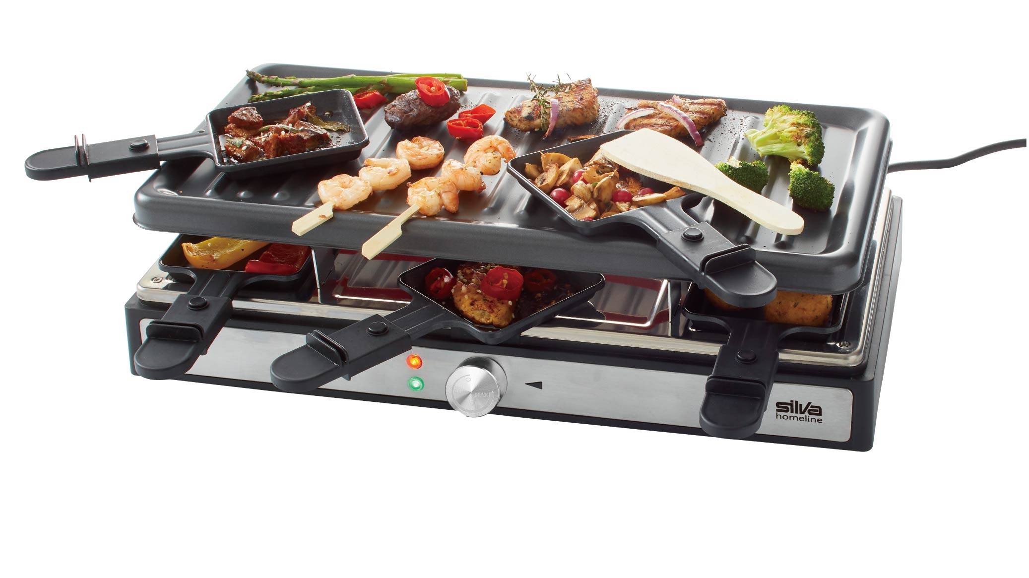 Silva Homeline PK-R 088 Raclette 8Pfännchen, Antihaftbeschichtung, Überhitzungsschutz, Kontrollleuchte Schwarz, Inox