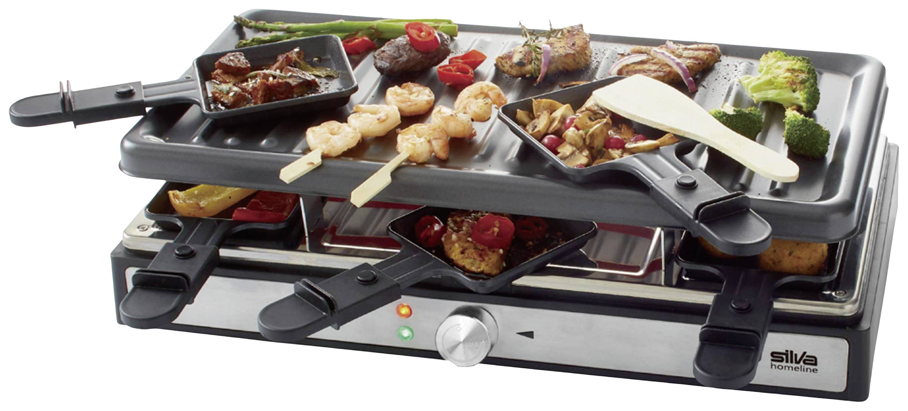 Silva Homeline PK-R 088 Raclette 8Pfännchen, Antihaftbeschichtung, Überhitzungsschutz, Kontrollleuchte Schwarz, Inox