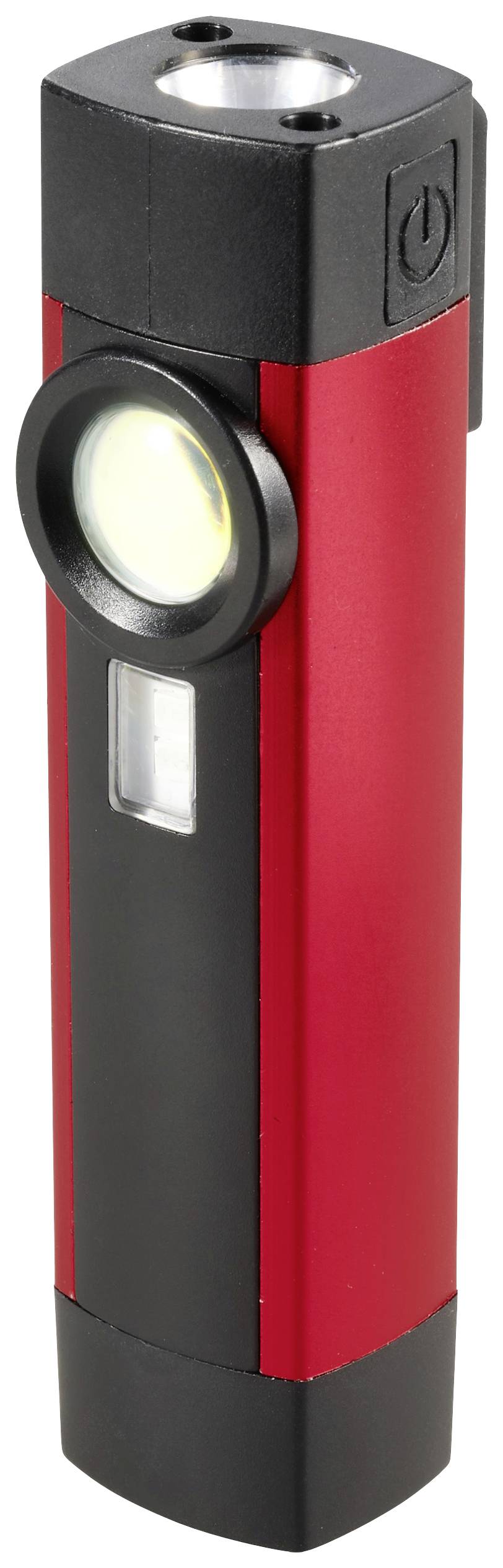 Rote, tragbare Taschenlampe mit einem seitlichen Leuchtknopf, geeignet für den Einsatz in dunklen Umgebungen.