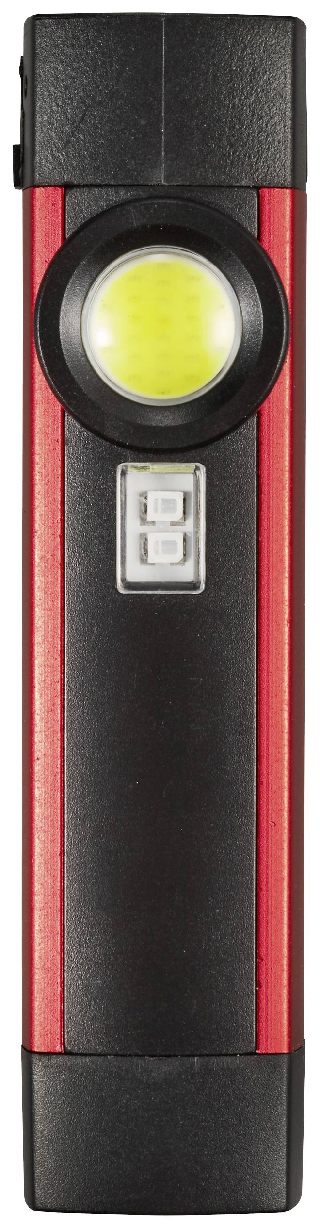 LED-Taschenlampe in Rot und Schwarz mit einem runden gelben Licht oberhalb eines quadratischen Schalters.
