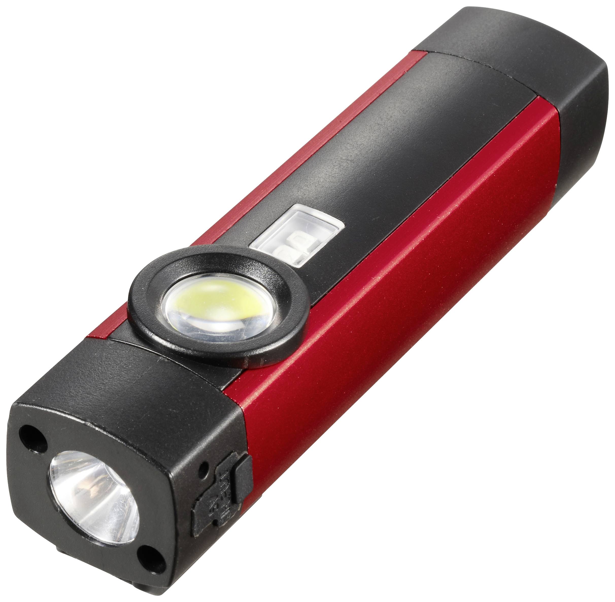 Rot-schwarze Taschenlampe mit zwei unterschiedlichen Leuchtfunktionen, rechteckige Form, geeignet für tragbare Beleuchtung.