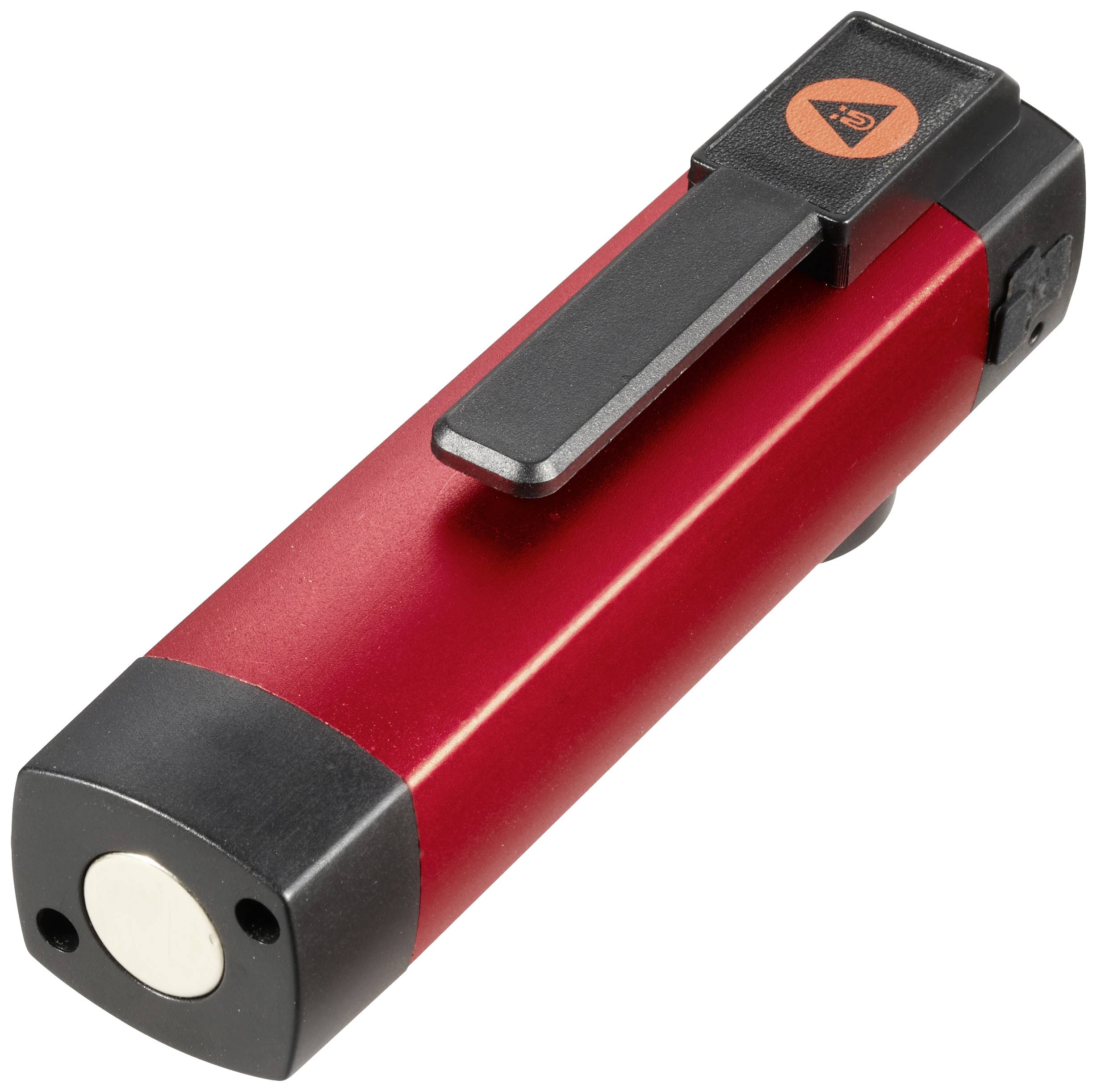 Roter, zylinderförmiger Magnetheber mit schwarzem Griff, verwendet zum Anheben von magnetischen Gegenständen.