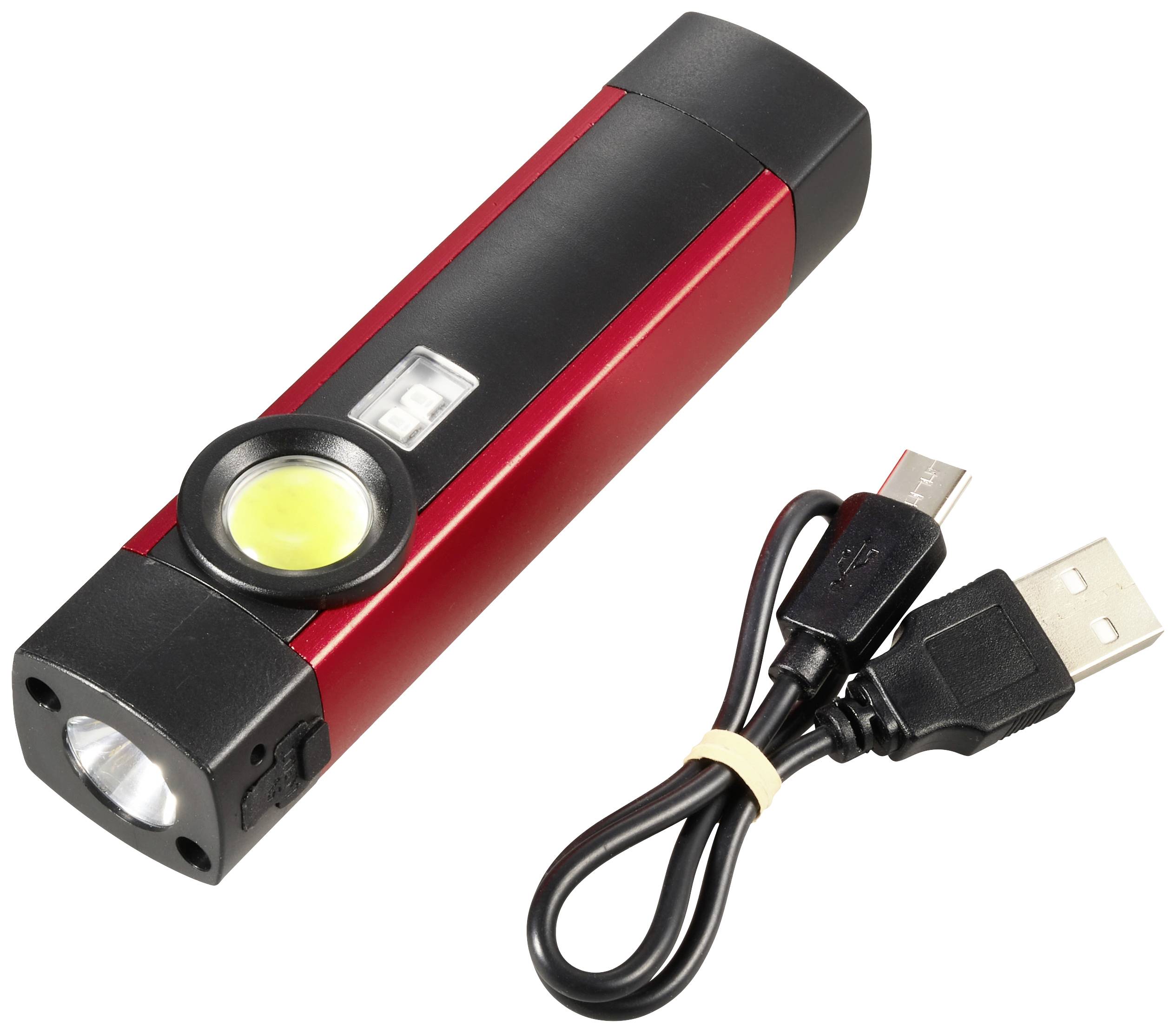 Rote Taschenlampe mit USB-Ladekabel daneben, geeignet für Outdoor-Aktivitäten.