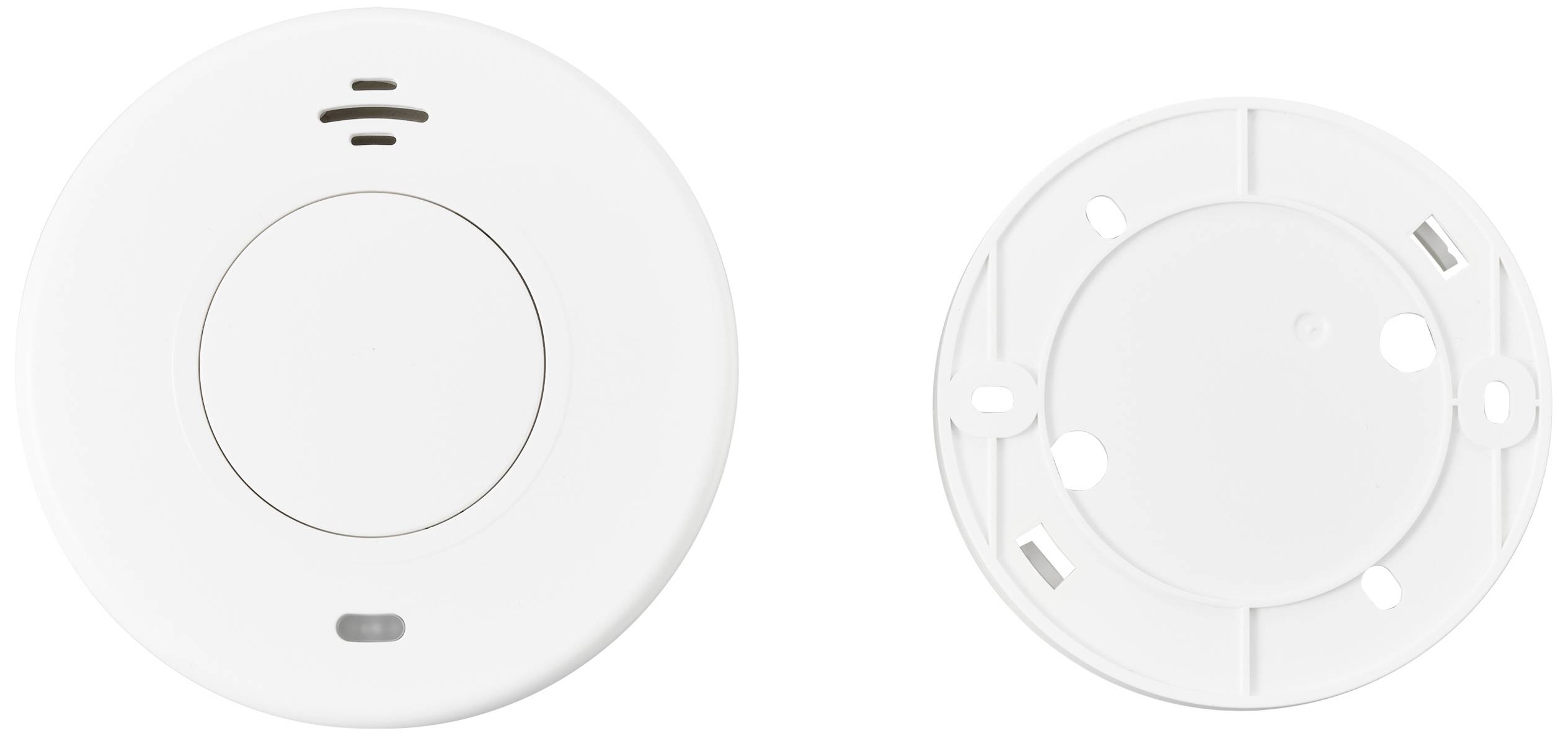 Runder Rauchmelder mit abnehmbarer Montageplatte. Gerät in weißem Kunststoffgehäuse, geeignet zur Wand- oder Deckeninstallation.