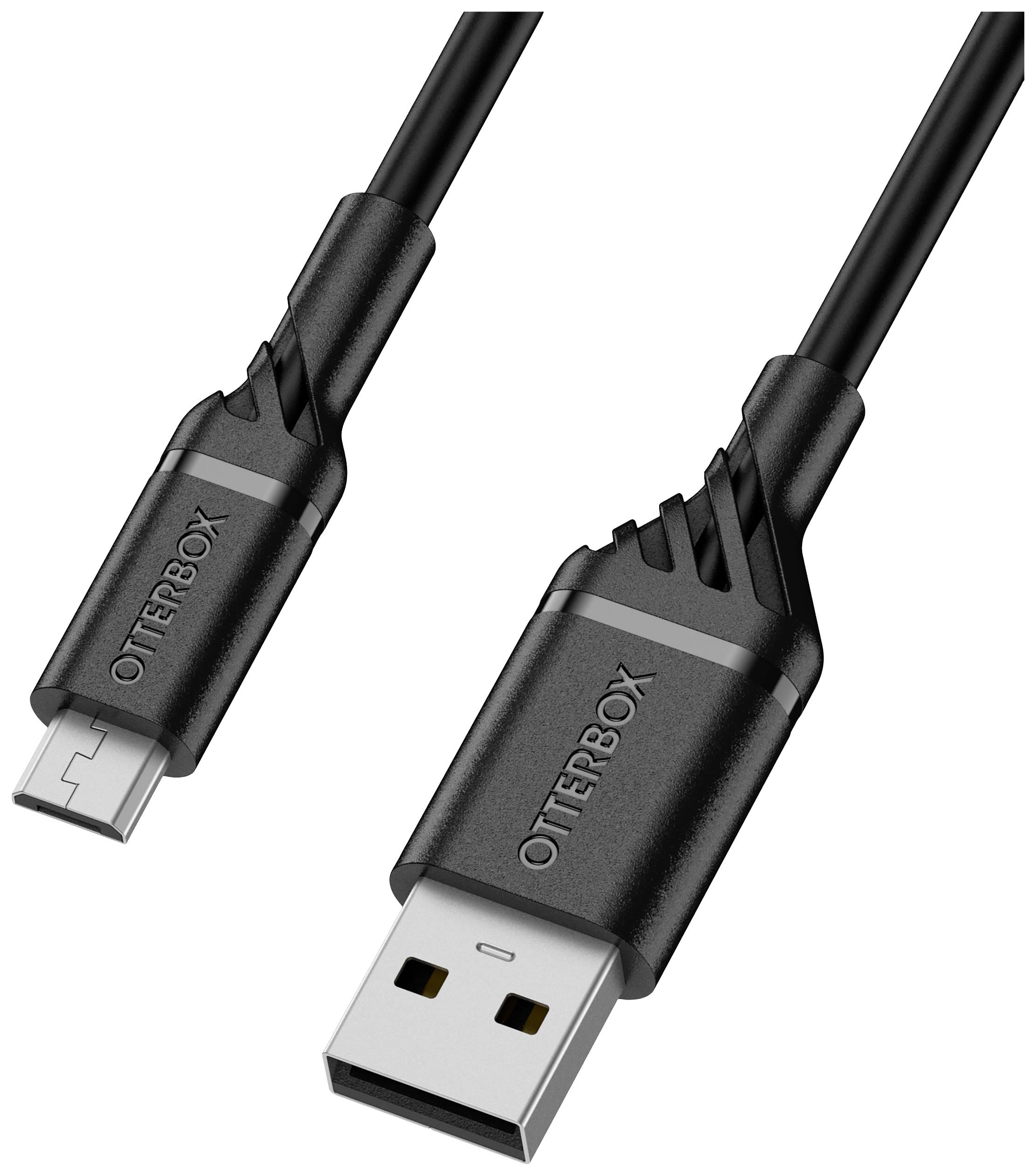 USB-Kabel mit Steckern: ein Standard-USB-Stecker und ein Micro-USB-Stecker. Beide Stecker tragen die Aufschrift 'OTTERBOX'.