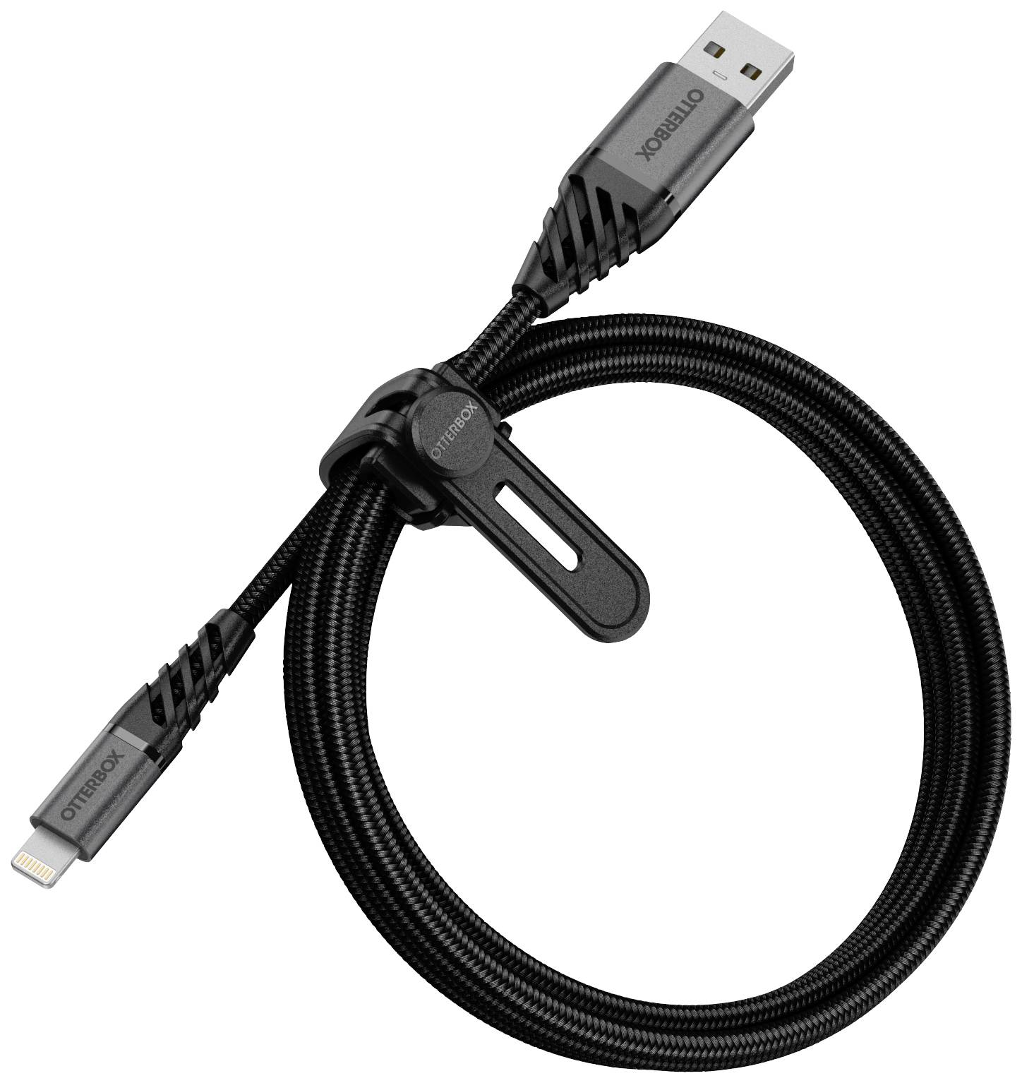 Ein schwarzes USB-Kabel mit einem Lightning-Anschluss und Kabelbinder aus Gummi.