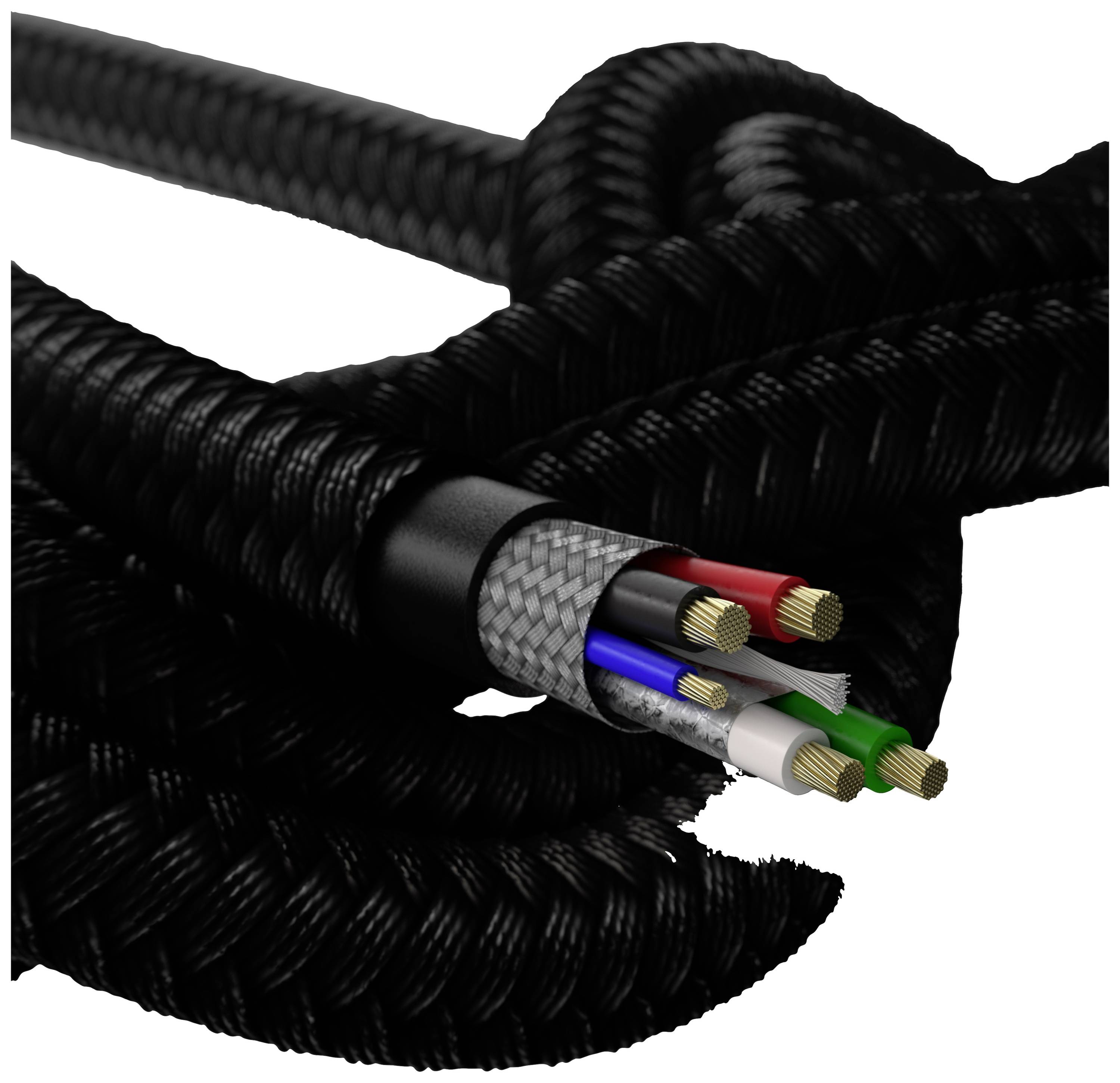 Ein komplexes, geflochtenes Kabel mit mehreren farbigen Adern, umgeben von einer schützenden schwarzen Außenhülle.