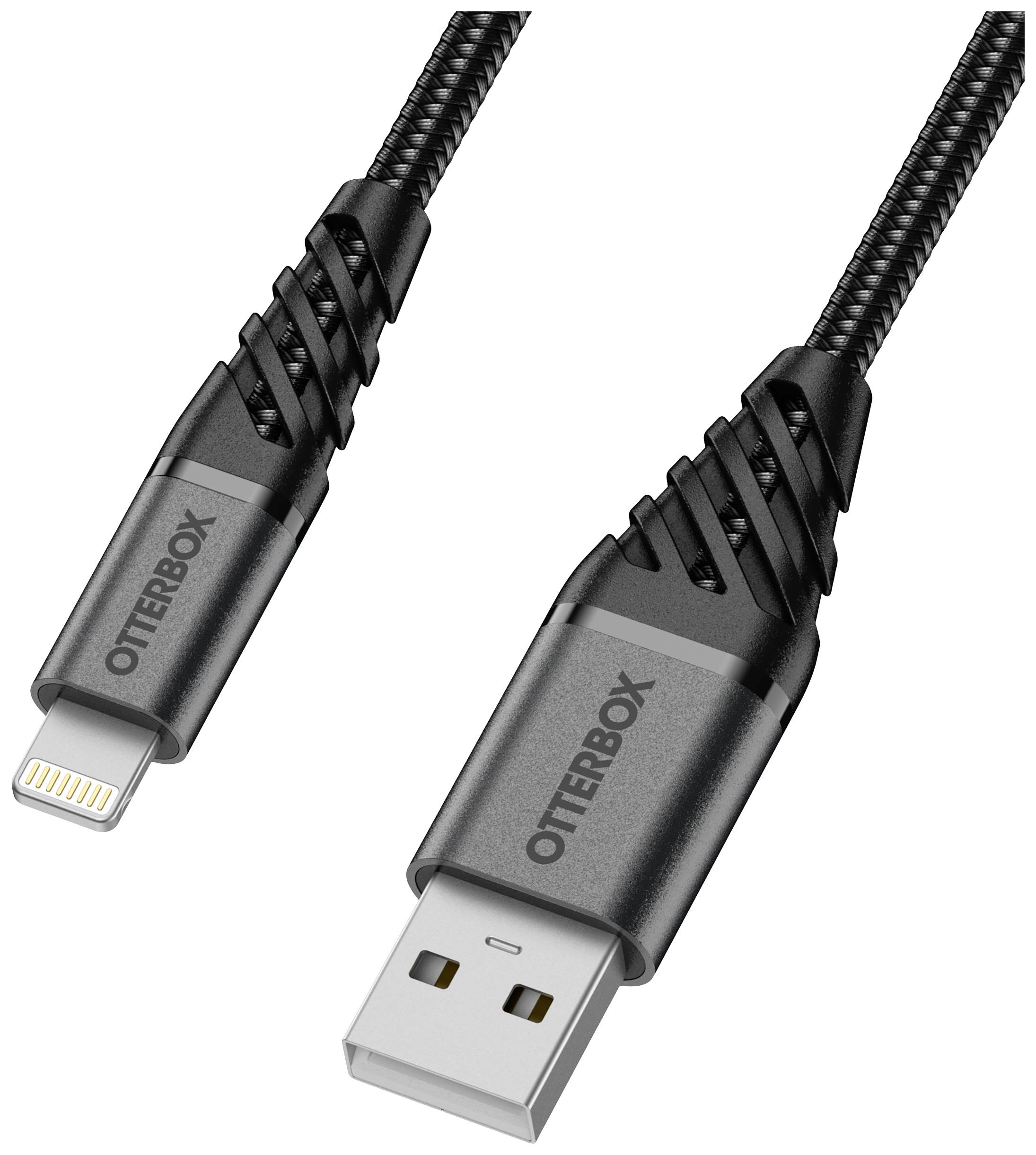 Ein schwarzes Lade- und Datenkabel mit USB- und Lightning-Stecker, geeignet für verschiedene elektronische Geräte.