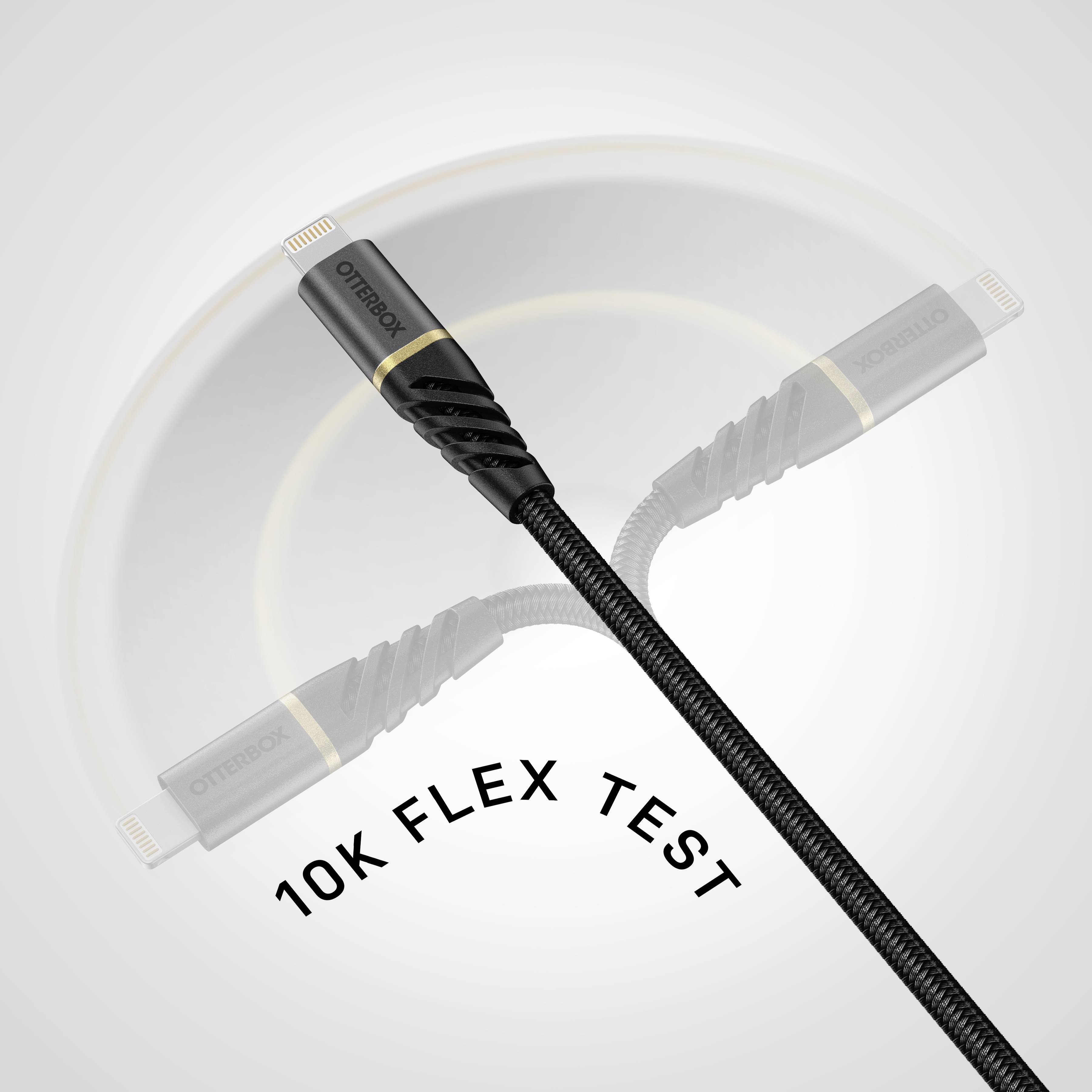 Ein Ladekabel, das einen '10K Flex Test' besteht, wird gebogen gezeigt. Robustheit und Flexibilität werden hervorgehoben.