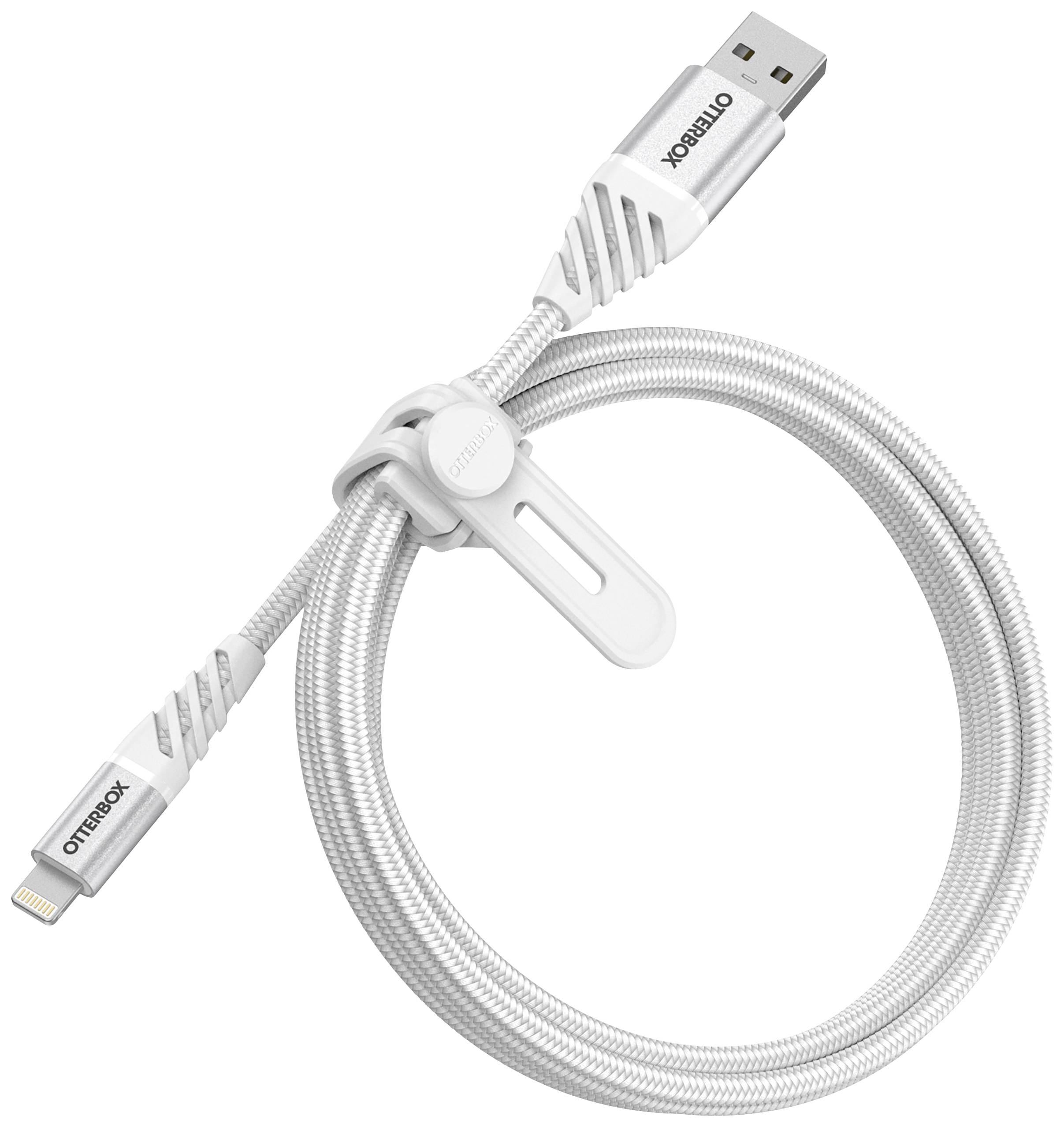 Ein weißes Ladekabel mit einem USB-Anschluss auf der einen und einem Lightning-Anschluss auf der anderen Seite, mit einer Kabelhalterung.
