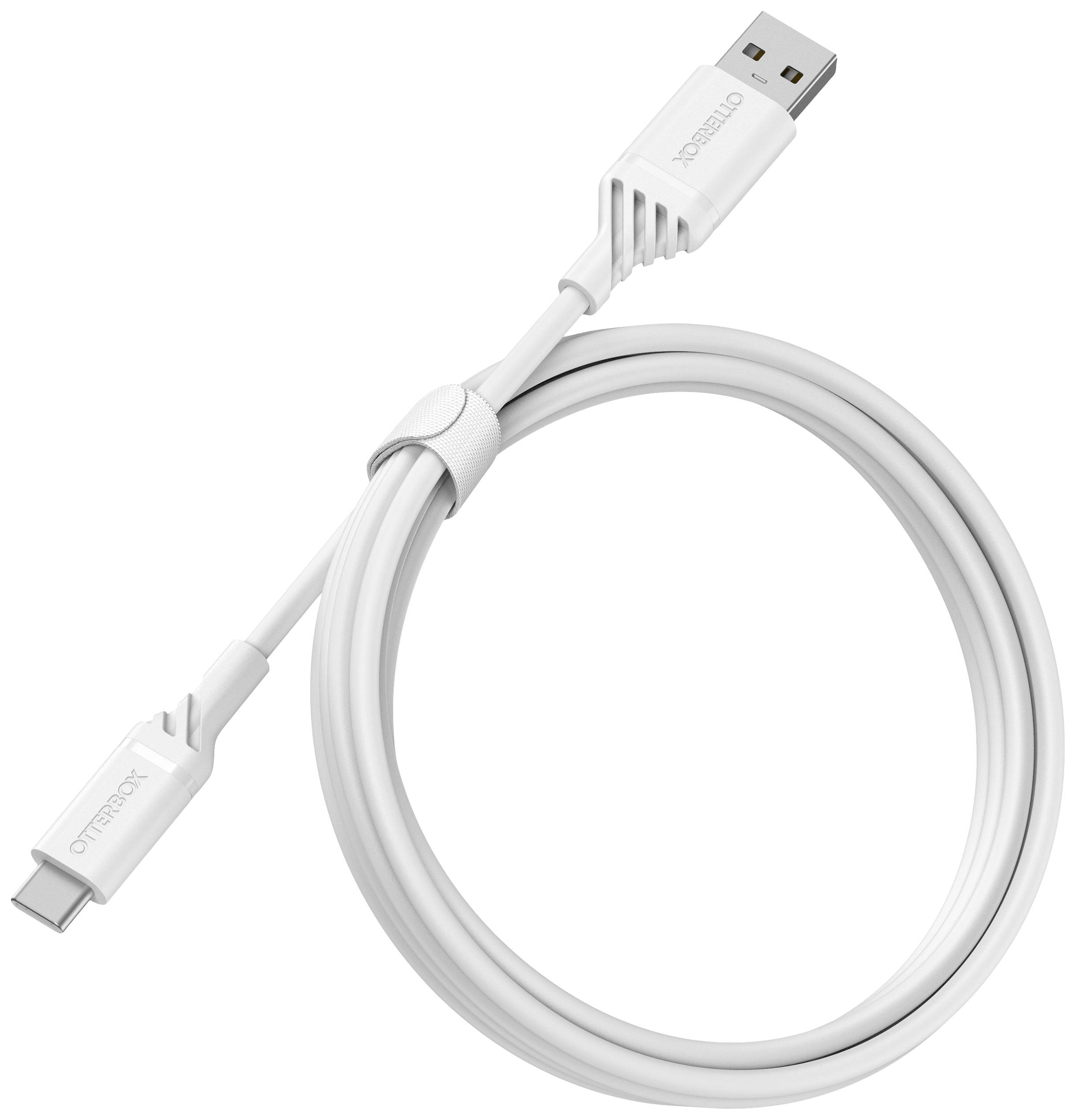 Ein weißes USB-Kabel mit USB-A- und USB-C-Steckern, aufgerollt und mit einem Klettverschluss gesichert.
