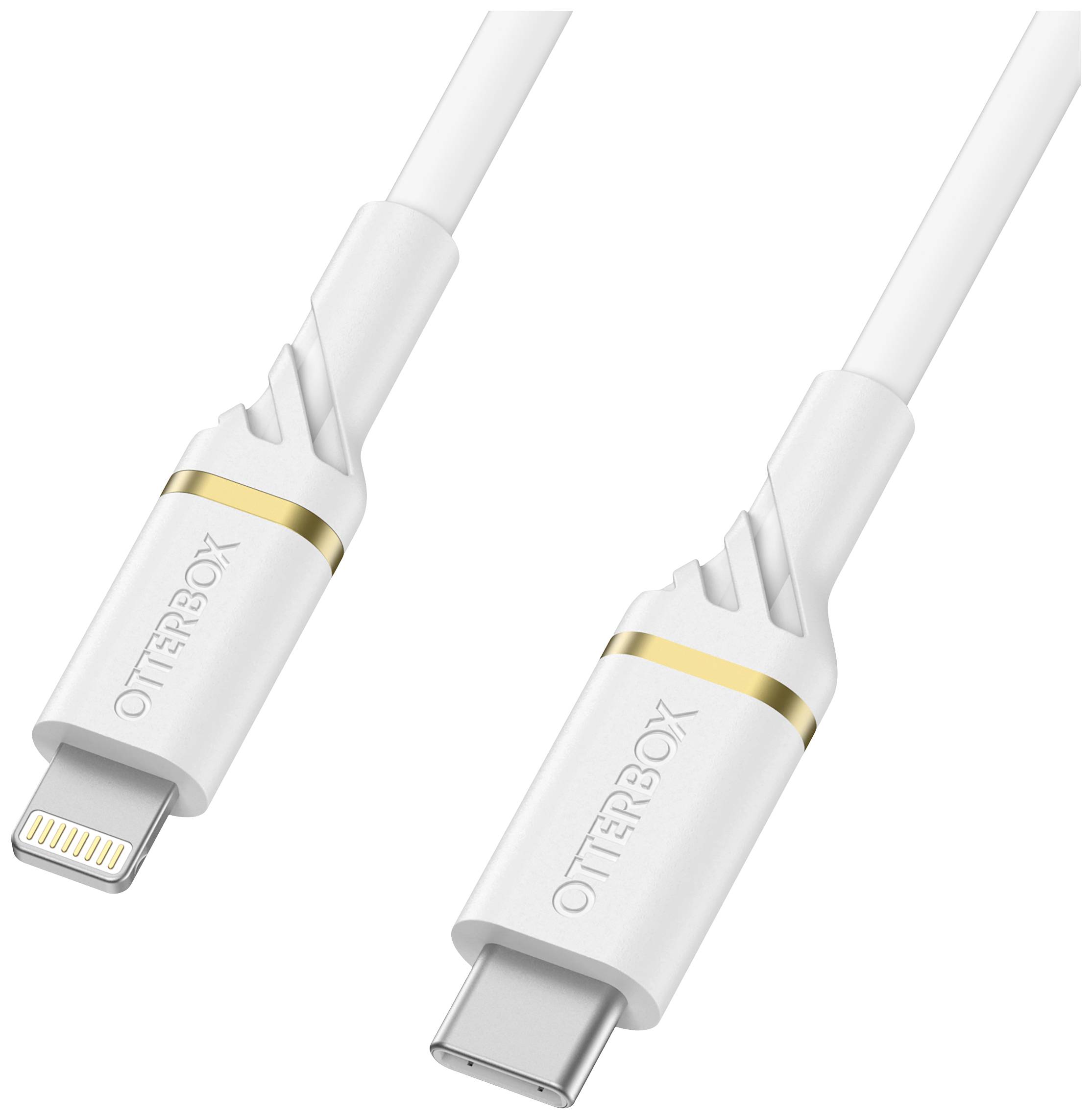 Dieses Bild zeigt ein weißes Kabel mit USB-C- und Lightning-Anschlüssen, gekennzeichnet mit 'Otterbox', das für Apple-Geräte verwendet wird.
