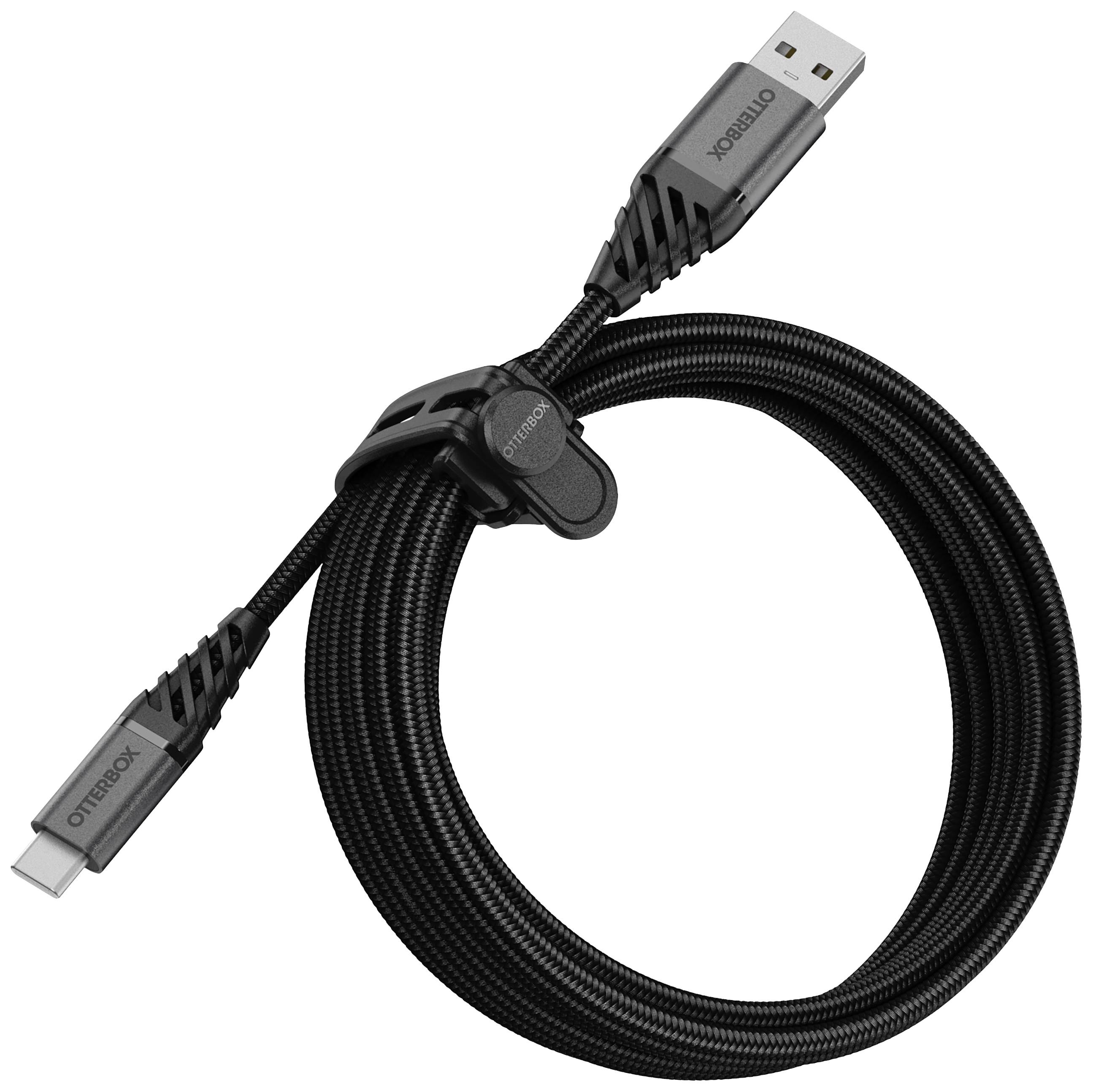Ein geflochtenes Ladekabel mit USB-C- und USB-Anschluss, mit einer Lasche zur Kabelfixierung.
