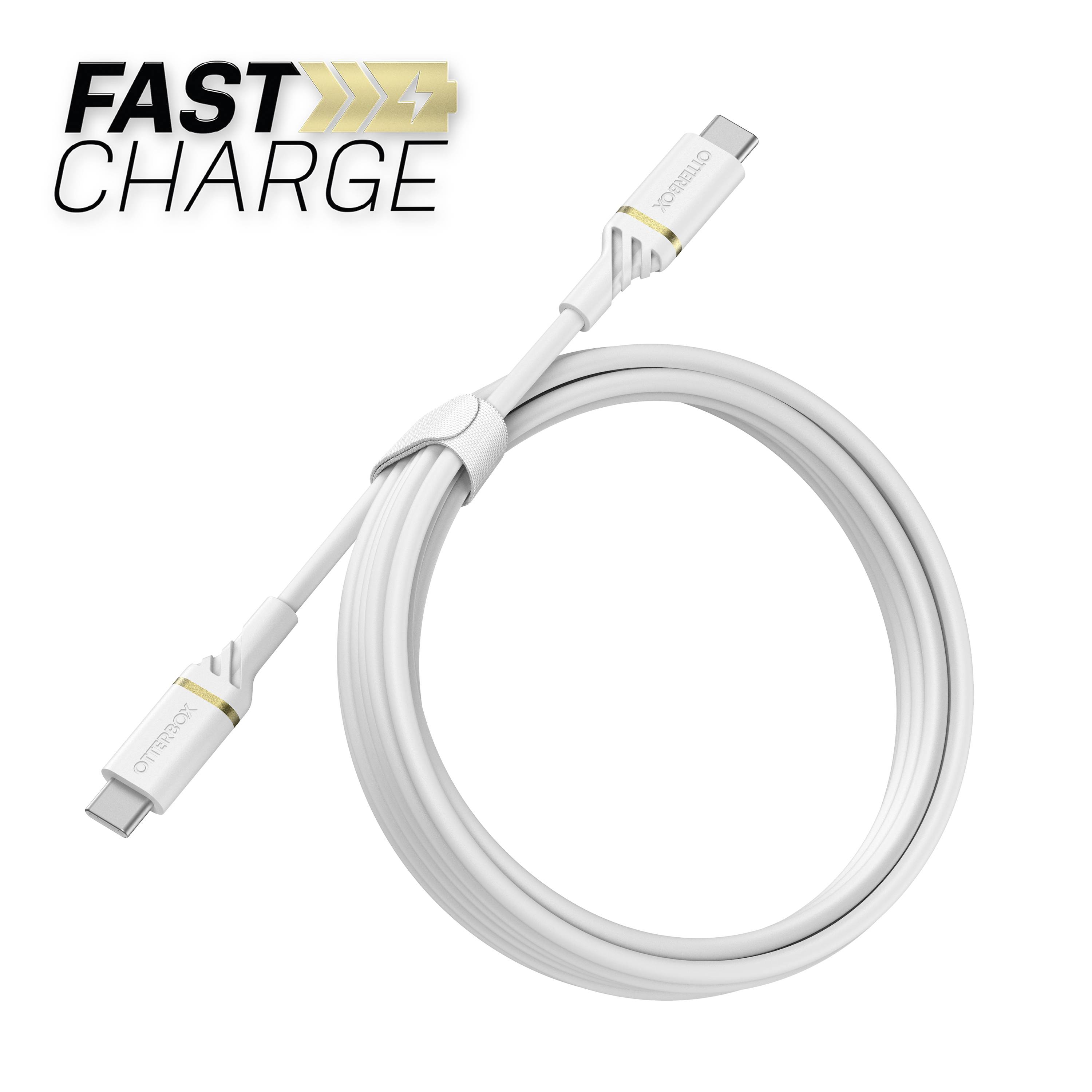 Ein weißes USB-C-Kabel mit der Aufschrift 'FAST CHARGE'. Das Kabel ist sauber aufgerollt und betont schnelles Laden.
