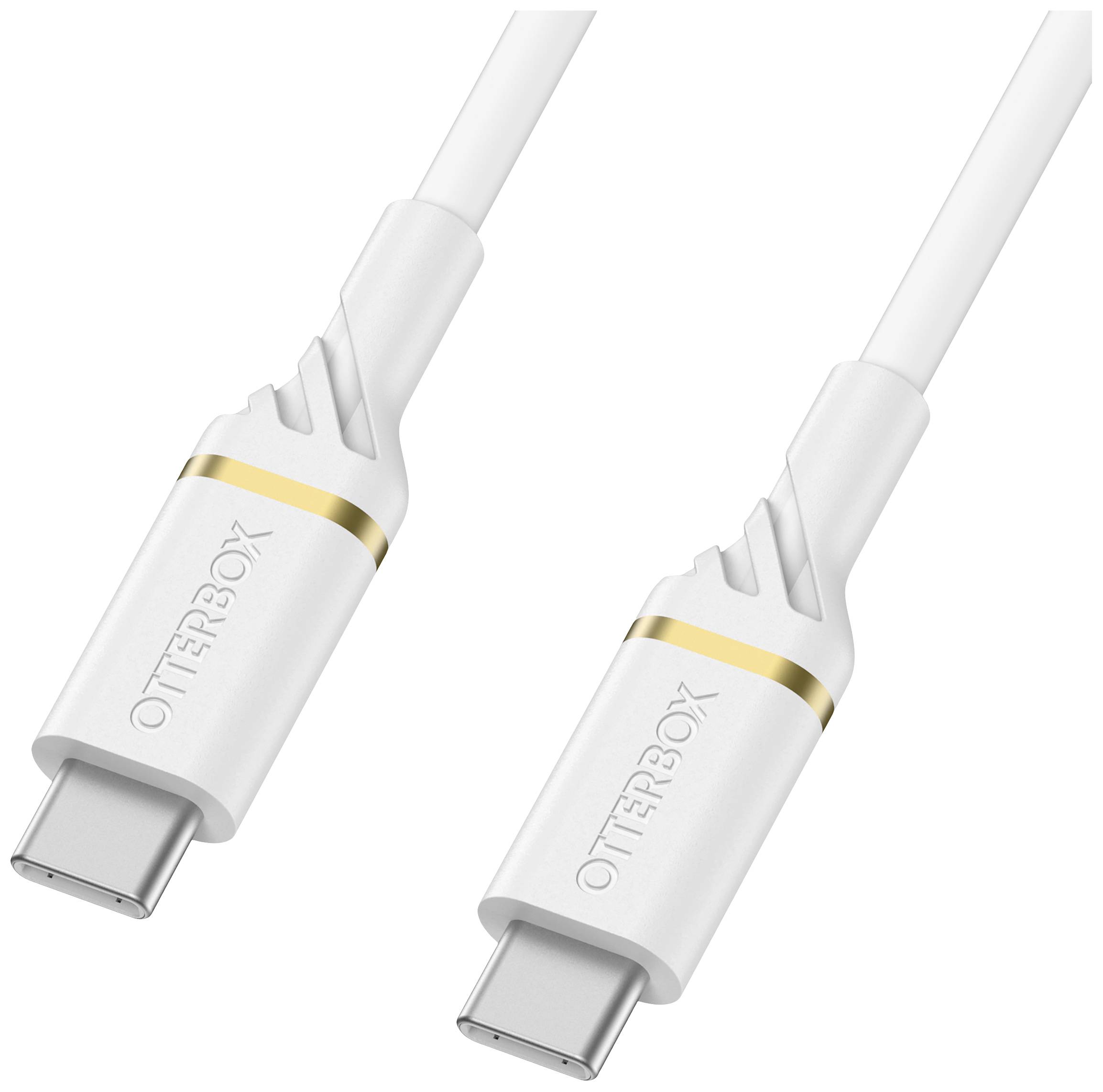 Zwei weiße USB-C-Kabel mit goldenen Akzenten, die jeweils den Markennamen 'OtterBox' aufgedruckt haben.