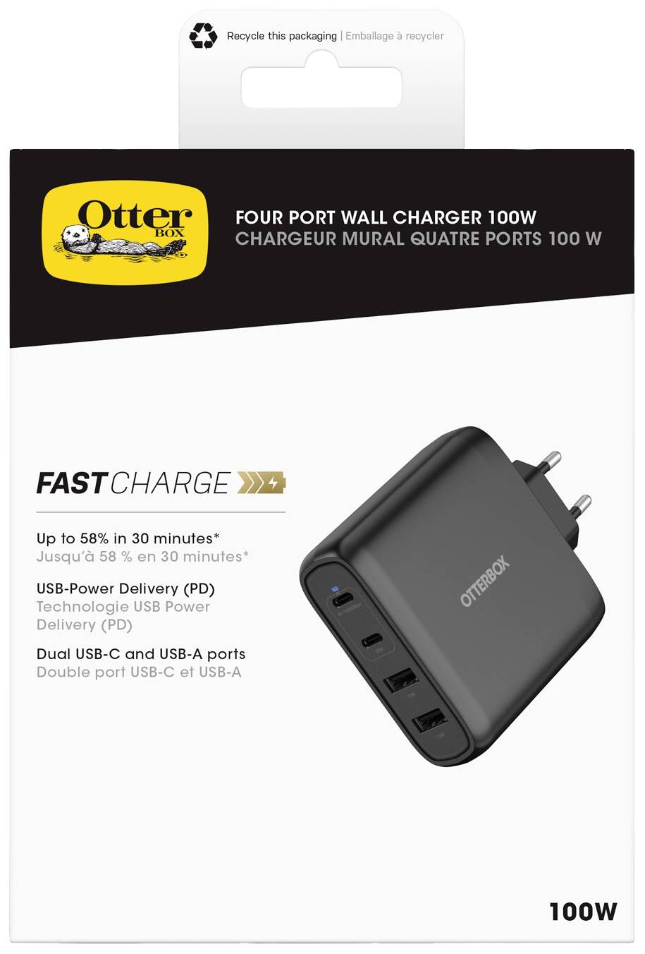 Otterbox Standard EU USB C USB Ladegerät 100W 2x USB-C®, 2x USB-A USB PD Schwarz Innenbereich