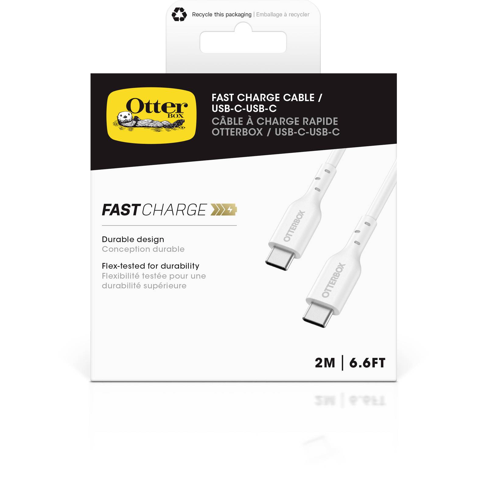 'Fast Charge' USB-C-Kabel von OtterBox, 2 Meter lang. Verpackung zeigt Kabelbild und betont langlebiges, flexgeprüftes Design.