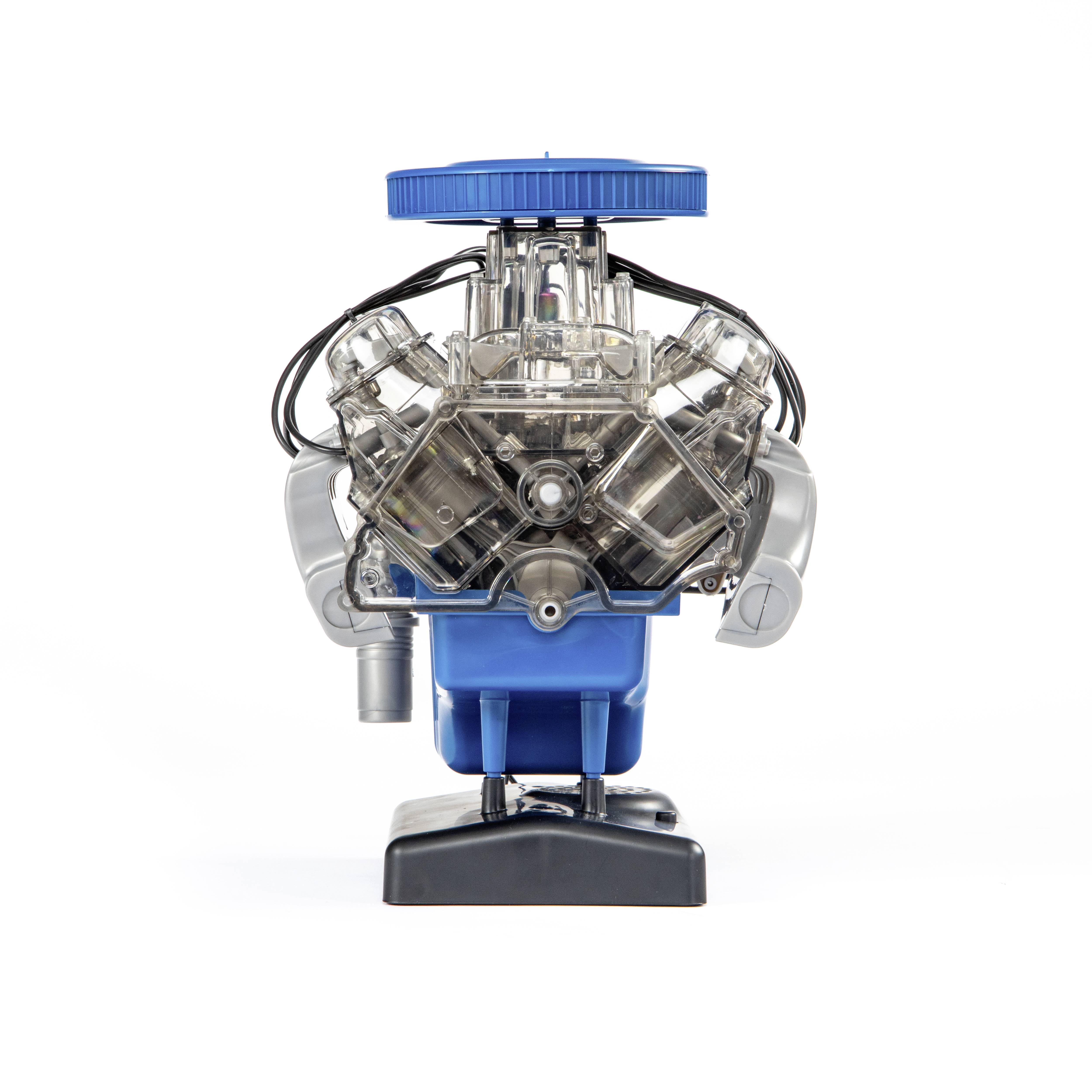 Ein transparenter V8-Motor-Modellbausatz zeigt interne mechanische Teile und den Aufbau eines Verbrennungsmotors.