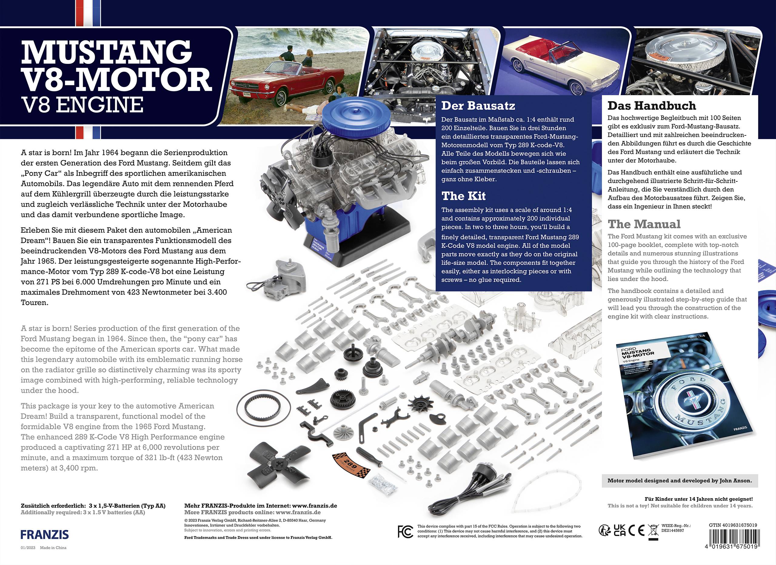 'Mustang V8-Motor Baukasten' Bausatz und Handbuch für den Zusammenbau eines detaillierten Modells des ikonischen Motors.
