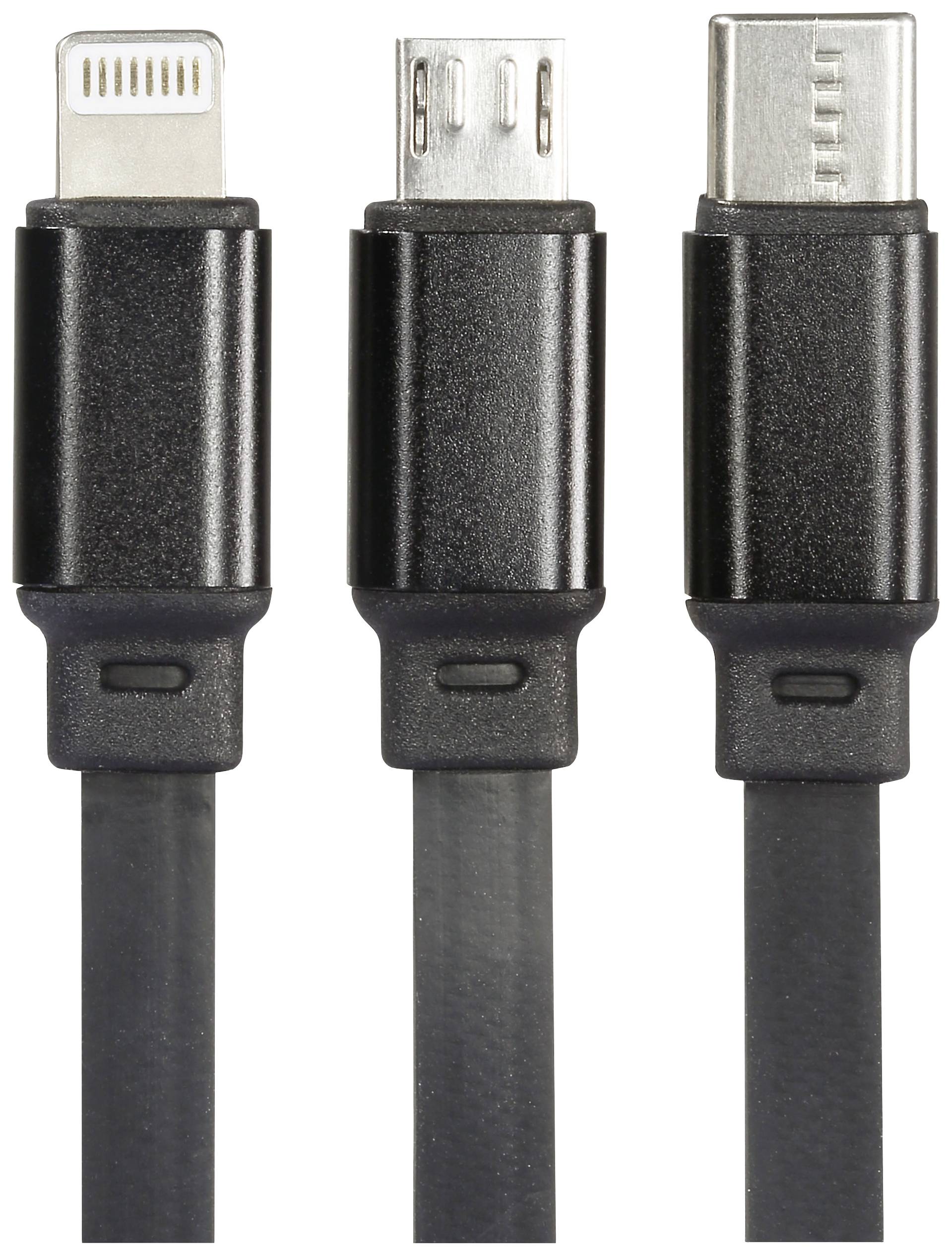 Drei schwarze Kabel mit verschiedenen Anschlüssen: Lightning, Micro-USB und USB-C, nebeneinander auf weißem Hintergrund.