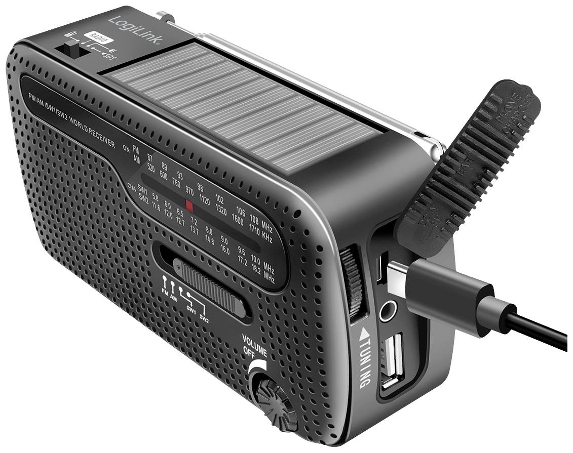 LogiLink SP0061 Notfallradio FM, AM, UKW Notfallradio, USB Akku-Ladefunktion, Handkurbel, Powerbank-Funktion, Solarpanel, Taschenlampe Schwarz