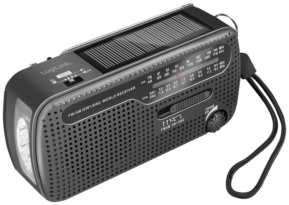 LogiLink SP0061 Notfallradio FM, AM, UKW Notfallradio, USB Akku-Ladefunktion, Handkurbel, Powerbank-Funktion, Solarpanel, Taschenlampe Schwarz