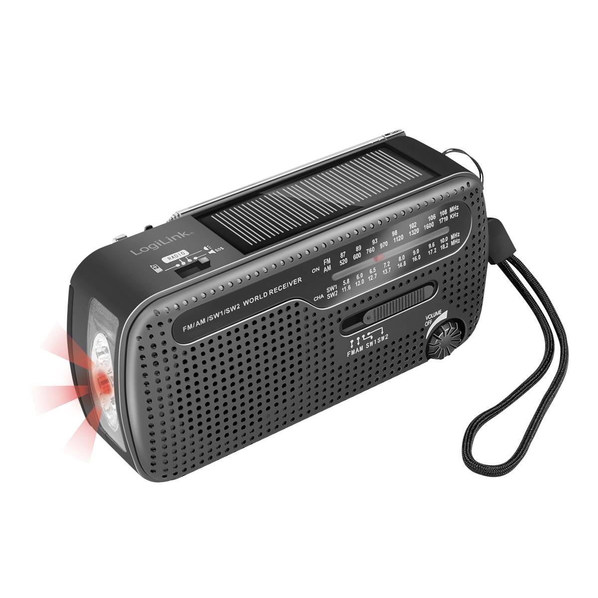 LogiLink SP0061 Notfallradio FM, AM, UKW Notfallradio, USB Akku-Ladefunktion, Handkurbel, Powerbank-Funktion, Solarpanel, Taschenlampe Schwarz