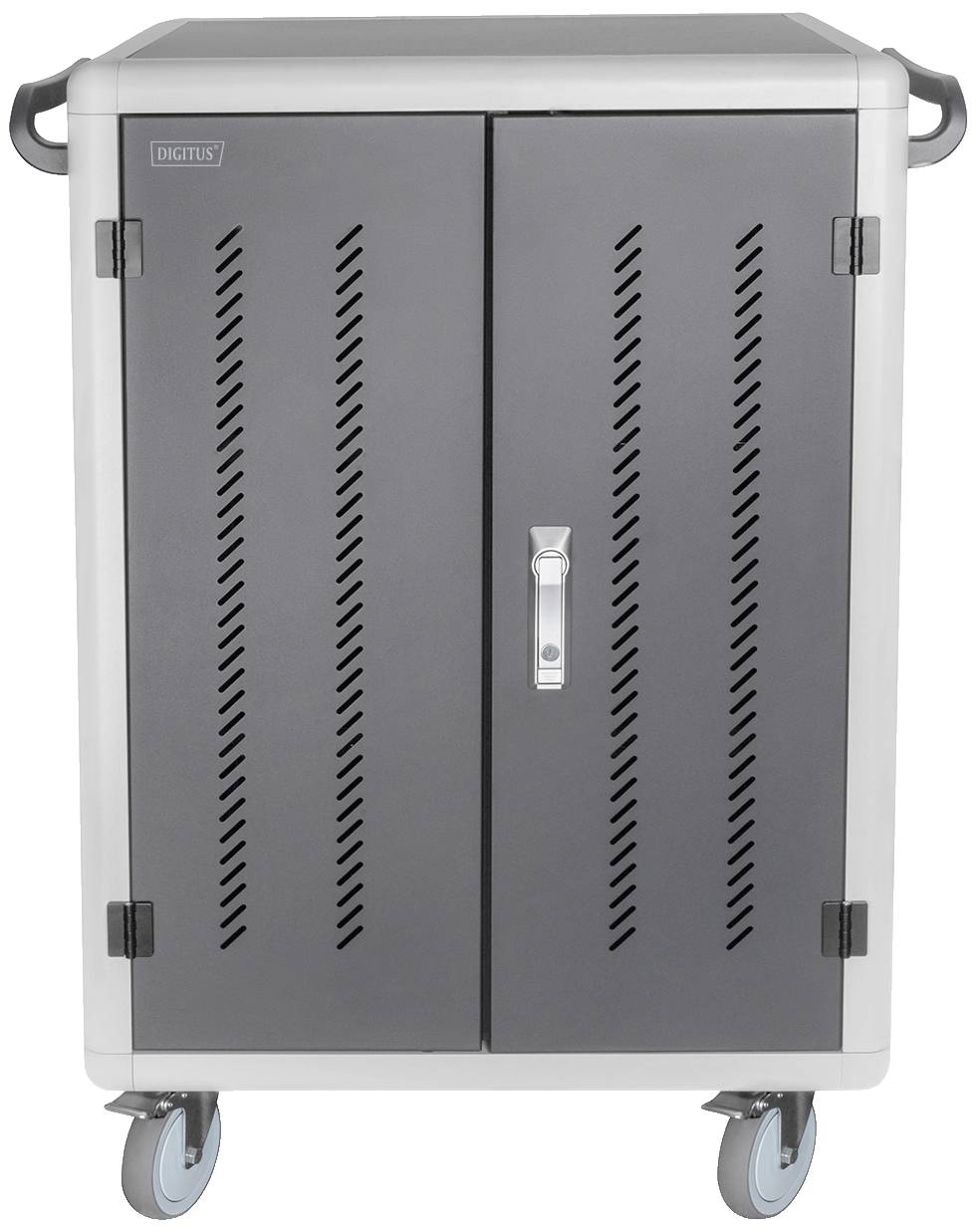 Metallschrank auf Rollen mit zwei verschlossenen Türen. Ventilationsöffnungen an den Türflächen. Geeignet zur sicheren Aufbewahrung.